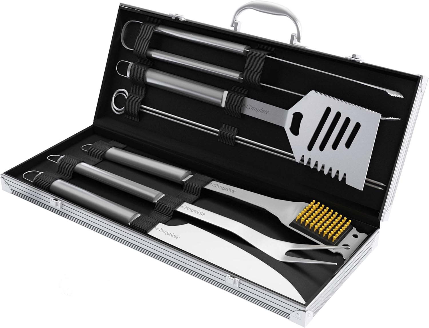 7-Piece Stainless-Steel BBQ Cooking Utensils Set - Barbecue Grill Accessories with Aluminum Portable Handled Storage Case by Home-Complete (Silver) image number 4