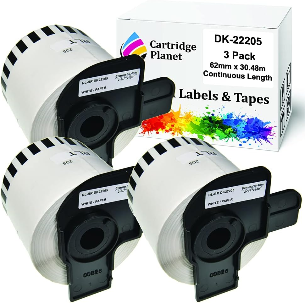 Cartridge Planet 3 Pack Compatible Tape Roll for Brother DK-22205 DK22205 62Mm X 30.48M Continuous Length for Brother QL1050 QL1050N QL1060N QL1100 QL1110NWB QL500 QL550 QL570 QL580N QL650TD QL700 QL720NW QL800 QL810W QL820NWB Label Printer