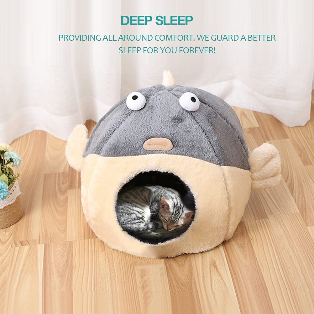 Cat Beds for Indoor Cats - Cat Bed Cave with Removable Washable Cushioned Pillow, Soft Plush Premium Cotton No Deformation Pet Bed, Lively Pufferfish Cat House Design, Grey, Multiple Sizes image number 6