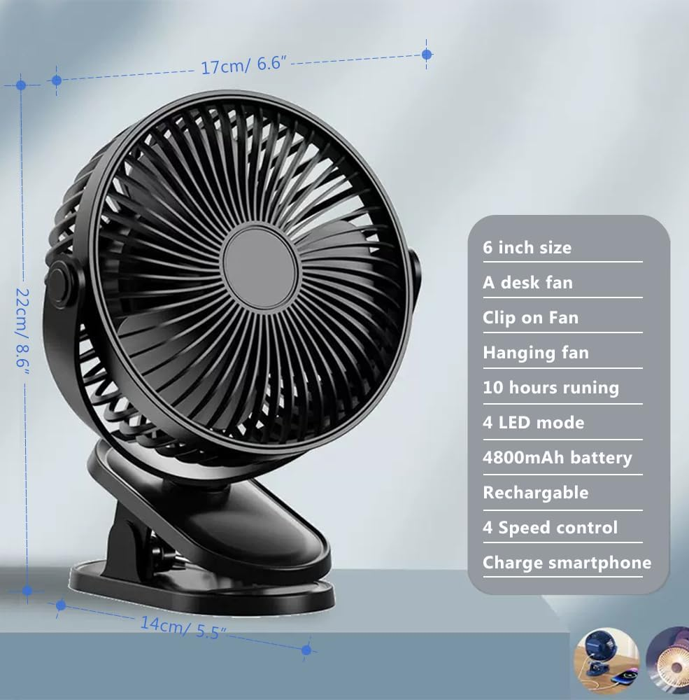 RINGSUN 4800Mah Portable Fan Clip On, Desk Fan Rechargeable with LED Light, USB Battery Operated Table Fan Cooling for Home Office Camping Travel, Black image number 4
