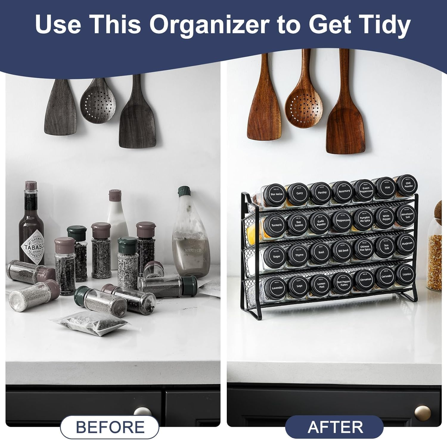 Spice Rack Organizer with 28 Spice Jars, 180 Spice Labels, Chalk Marker and Funnel Set for Cabinet, Countertop, Pantry, Cupboard or Door & Wall Mount