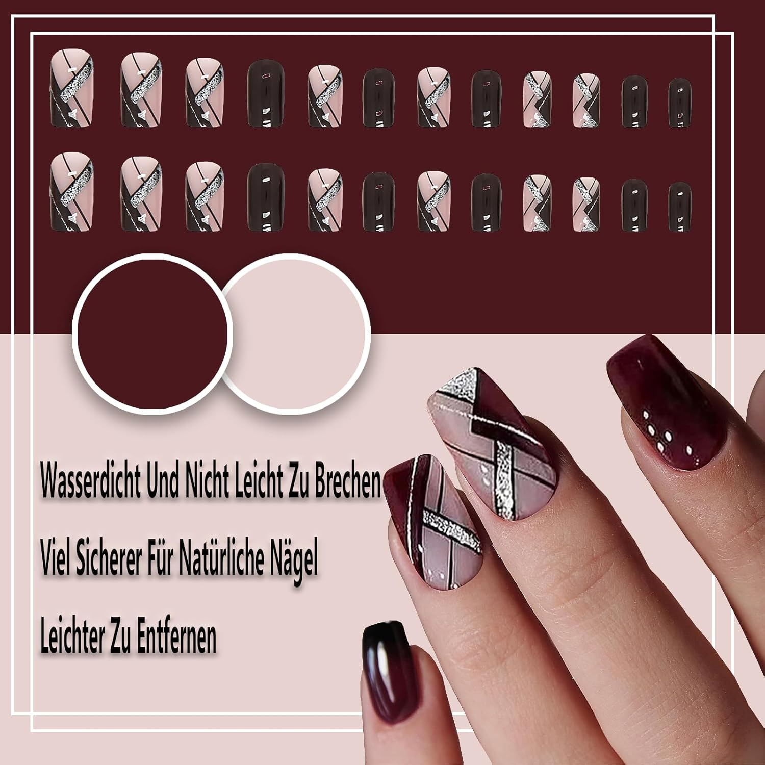 Whaleo 24 Pieces False Nails with Glue Stickers Press on Nails Press on Gel False Nails Gel False Nails Adhesive False Nails for Women Girls - Dark Red Lines image number 2