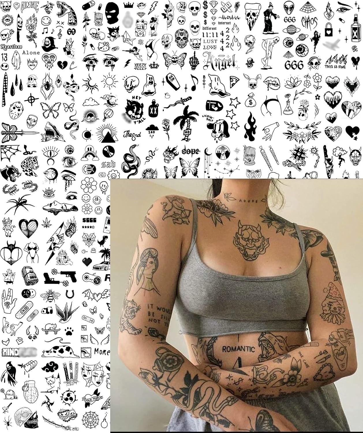 Impressed 48 Sheets Unisex Vintage American Traditional Temporary Tattoos - Small Semi Permanent Blackwork Minimalist Fake Flash Tattoo for Women and Men - Tiny Adult Hand, Sleeve Tat for Teens