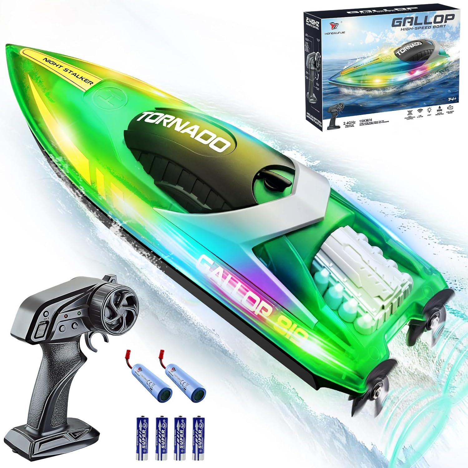 OSWIN RC Boat - HJ819 with 2 Rechargeable Battery, 15+ MPH Fast Remote Control Boat for Pool & Lake, RC Speed Boat 2.4Ghz Race Boats for Adults & Kid, Outdoor Water Toys(Green) image number 5