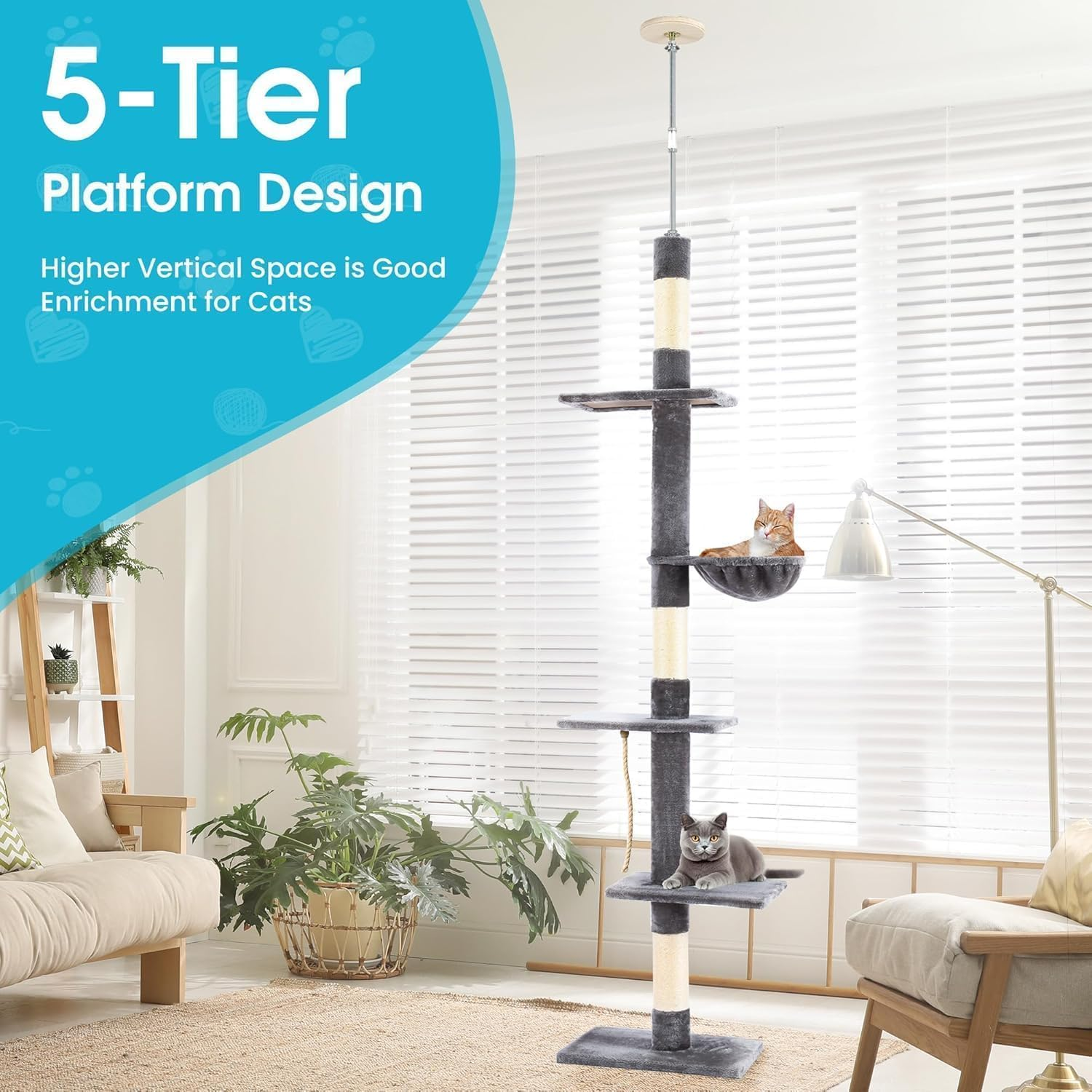 Cat Tree Floor to Ceiling, 5-Tier Cat Tower with Cozy Hammock, 220-274Cm Adjustable Height, Sisal Cat Scratching Post Provide Cats Vertical Enrichment to Jump and Climb (Dark Grey) image number 1