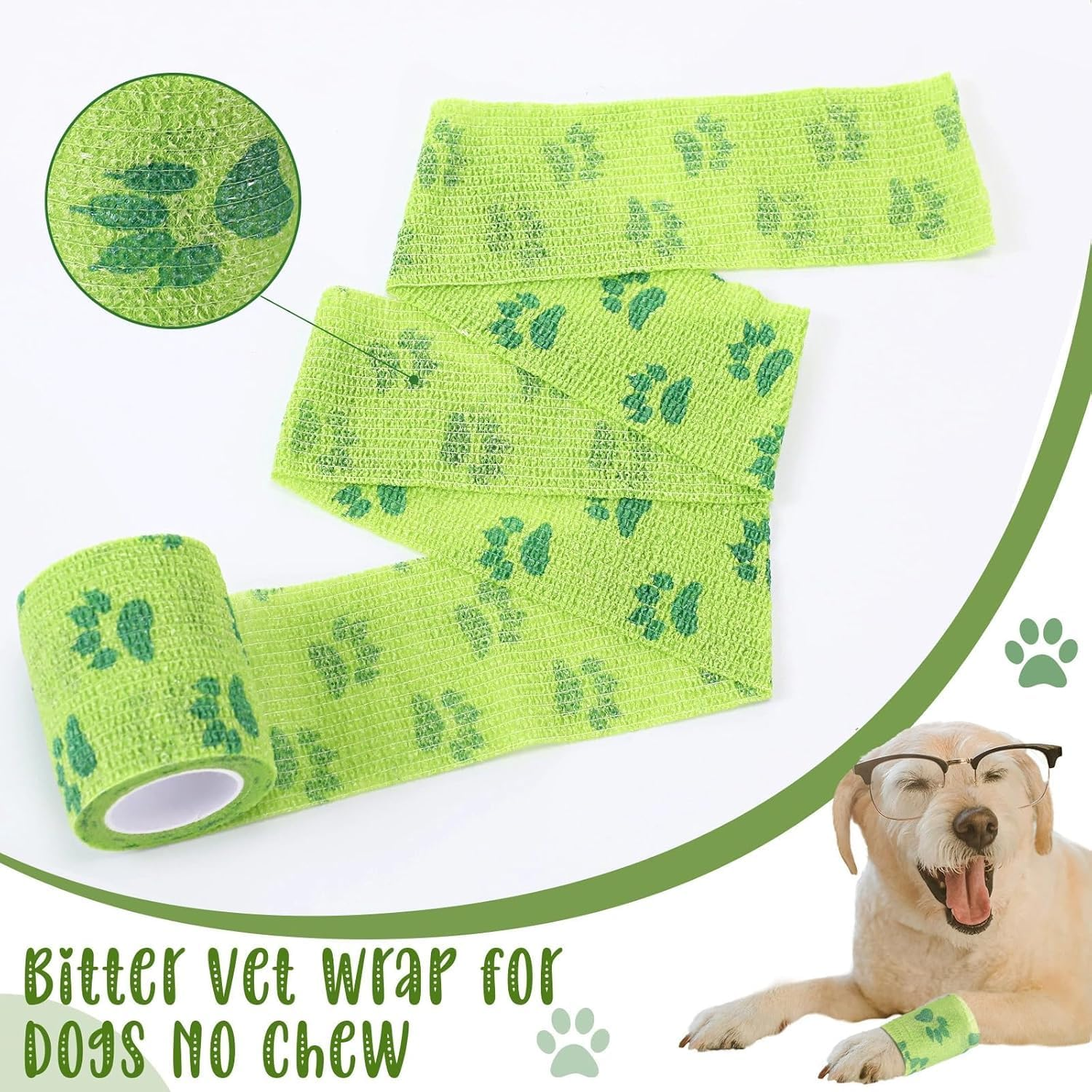 6Rolls No Chew Bandage for Dogs & Cats | Self-Adhesive Bitter Wound Wrap | 7.5Cm X 4.6M Dog Bandages for Wounds & Horse Care (Green Cat Paw) image number 2