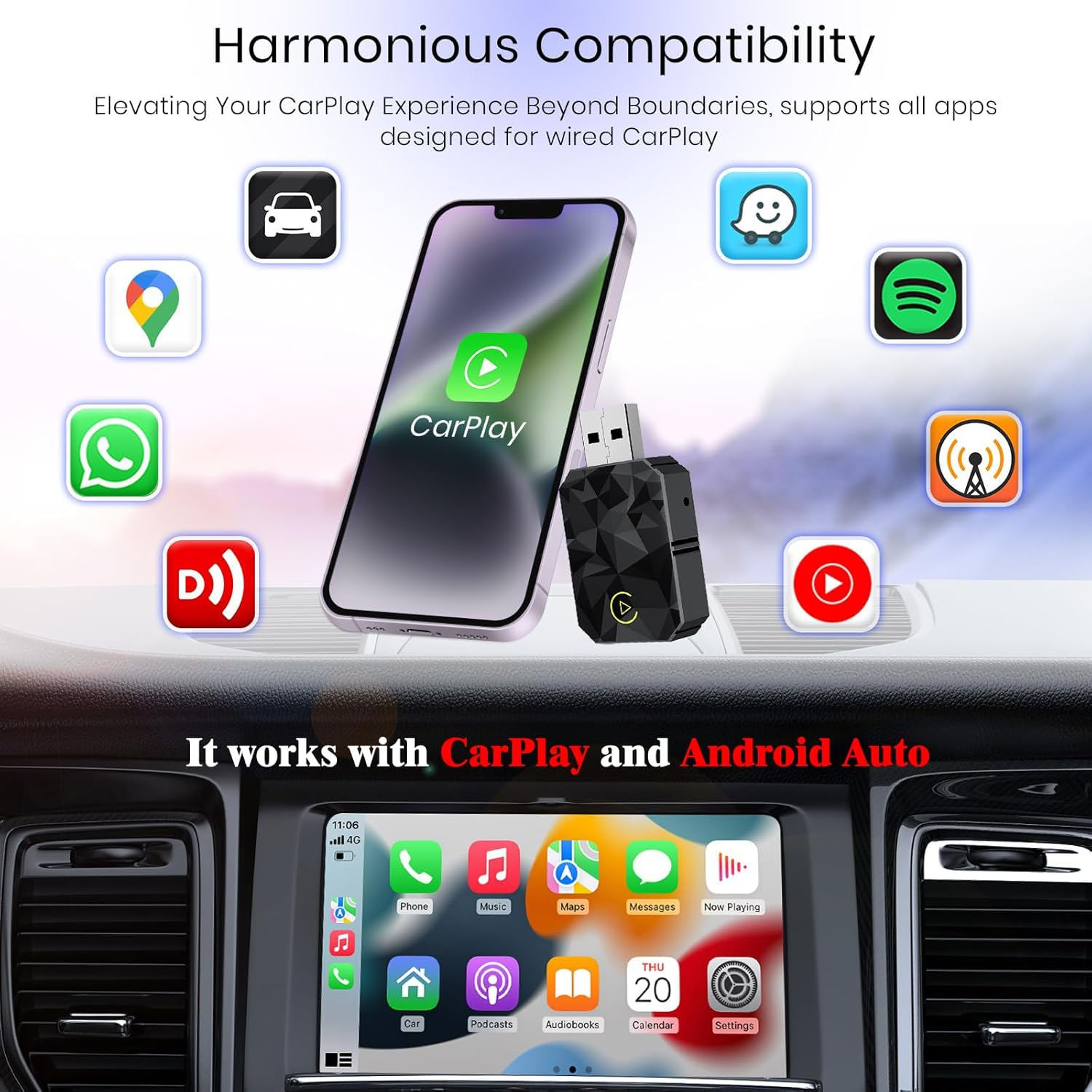 Vervex Upgraded Wireless Carplay Adapter 2025, Convert Wired to Wireless for Carplay＆Android Auto, Car Play Adapter for Lphone Mini Small Size, Usb/Type-C Plug and Play with Los Android 10+ image number 5