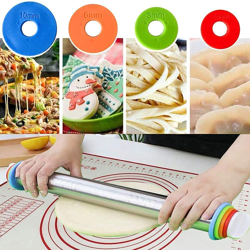 Roccar Rolling Pin and Silicone Baking Pastry Mat Set, Stainless Steel Dough Roller, Rolling Pins with Adjustable Thickness Rings, for Baking Dough, Pizza, Pie, Pastries, Pasta, Cookies image number 3