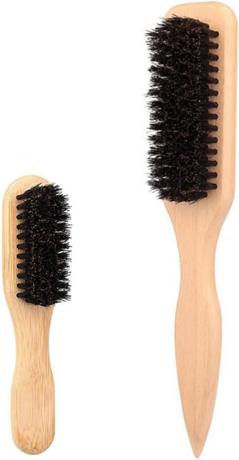 Luojinluoda Slick Back Hair Brush for Smoothing Ponytail & Detangling - 2 Pcs (Large for Home & Small for Travel) - Wet Brush, Curl and Edges Brush, Beard, Boar Bristle Wooden Handle Styling Brush for Men & Women