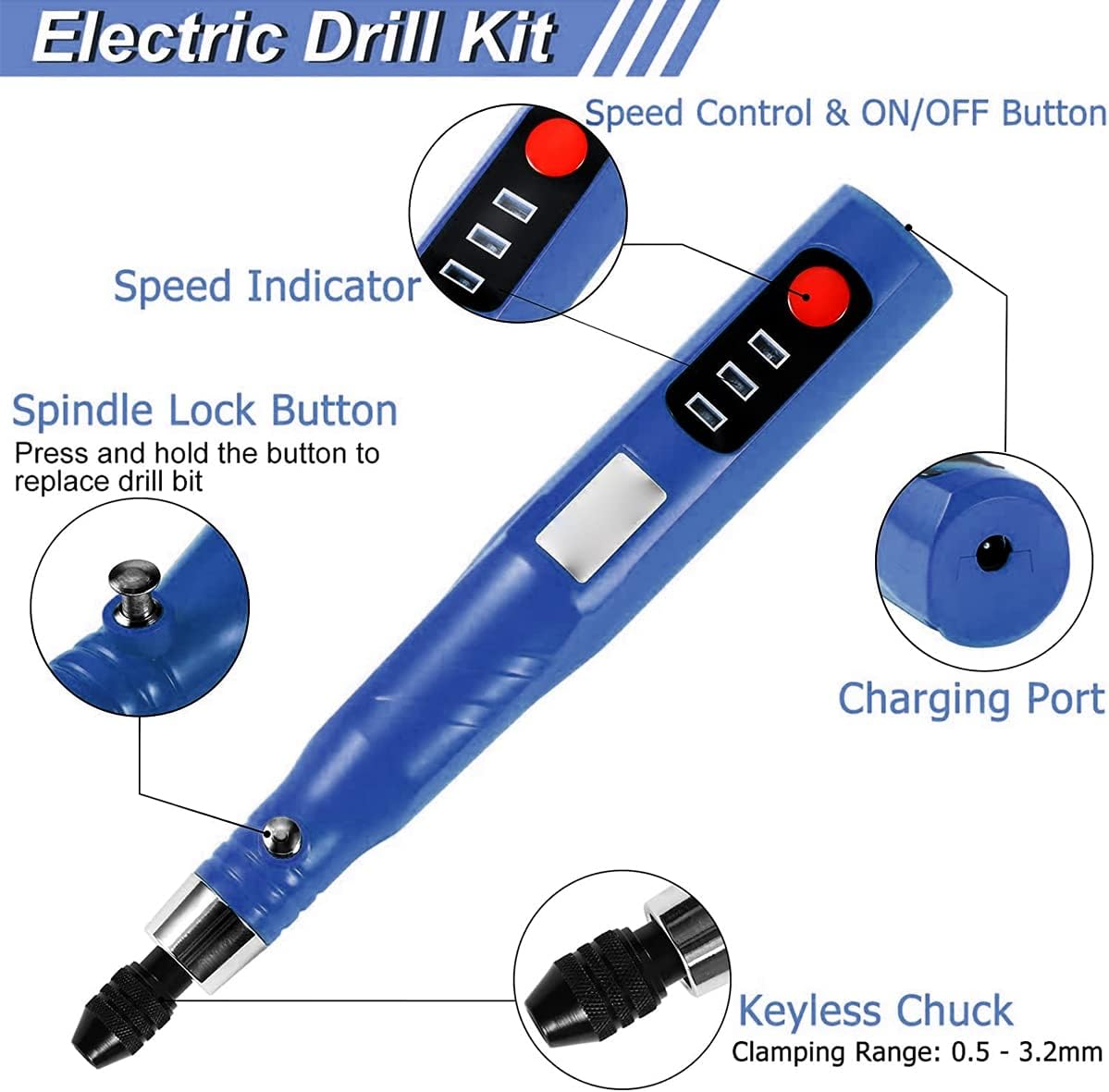Electric Hand Drill Cordless Rotary Tool with 3 Adjustable Speed Rechargeable Electric Engraving Pen Portable Mini Engraver Tools for Wood Resin Plastic Pearl Etc. (Blue) image number 3