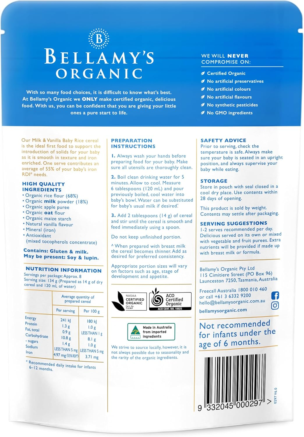 Bellamy'S Organic Milk & Vanilla Baby Rice 125G, Baby Food, 6M+, Bulk (6 X 125G) image number 1