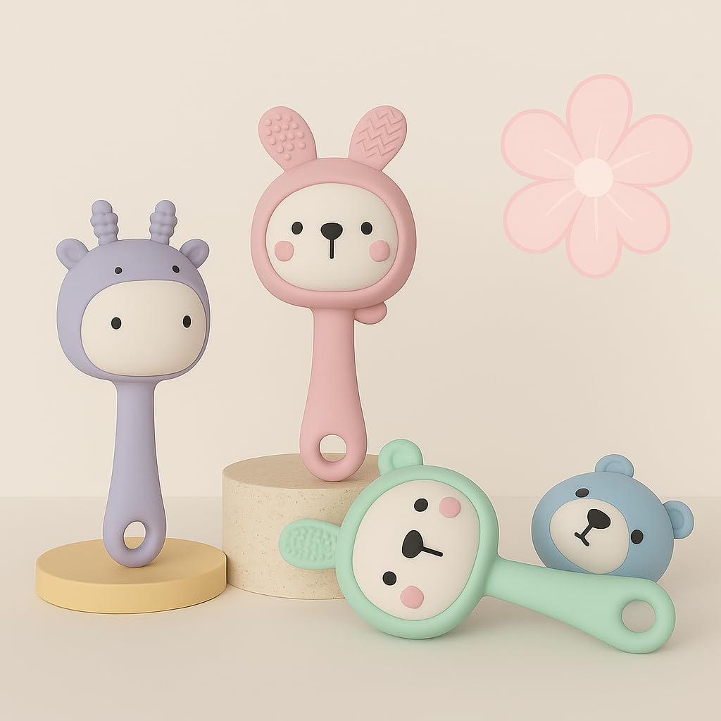 BPA Free Baby Rattle Teether Toy with Light Music - Soft Sensory Silicone Chewable for 6-12 Months Infants, Toddler Pack of 2 (Pink-Purple) image number 2