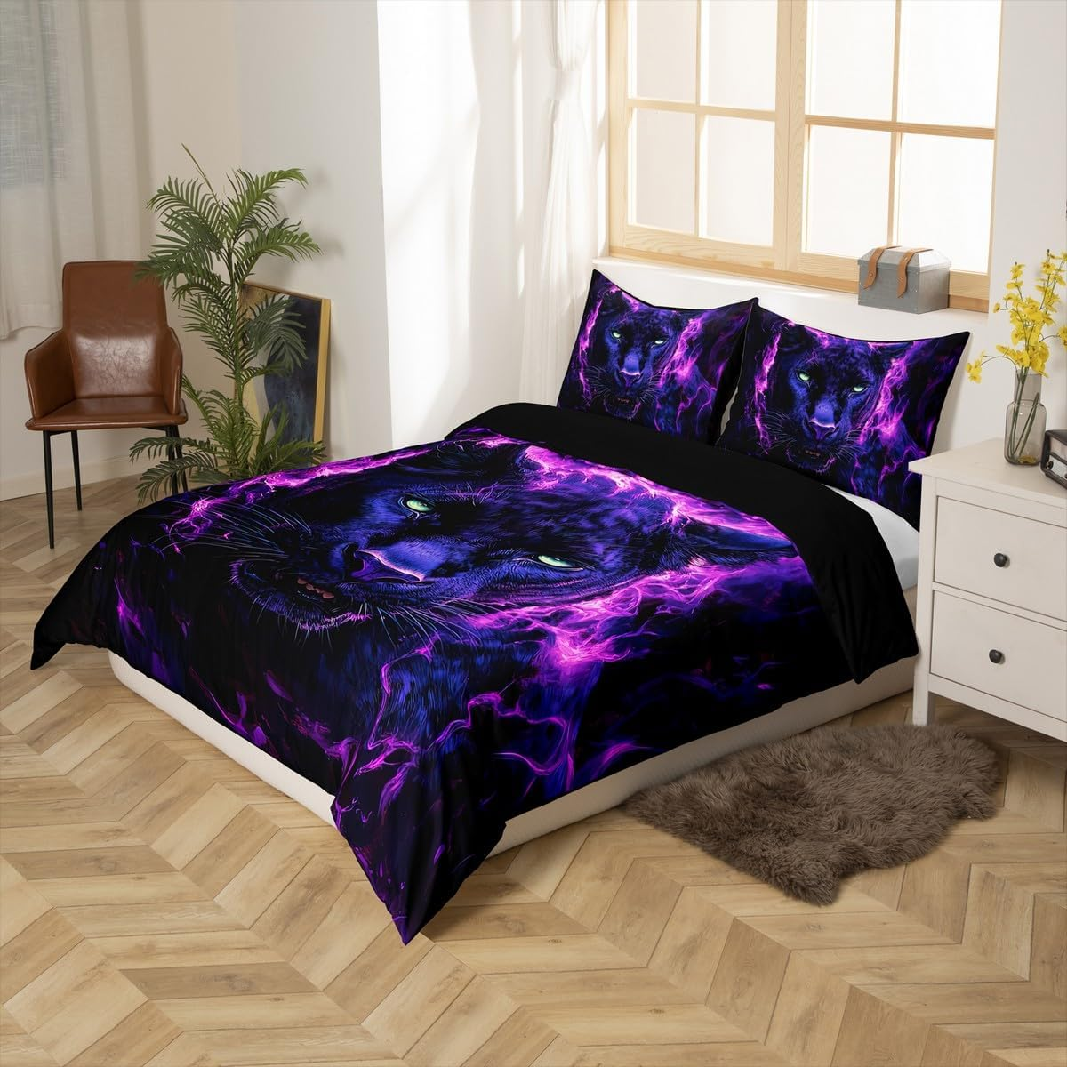 Homewish Leopard Print Duvet Cover for Children, Boys, Adults, Wild Cheetah Bedding Set, 135 X 200, 3D Fierce Animals, Wild Animals Comforter Cover, Purple, Fire, Cool Animals Bed Set