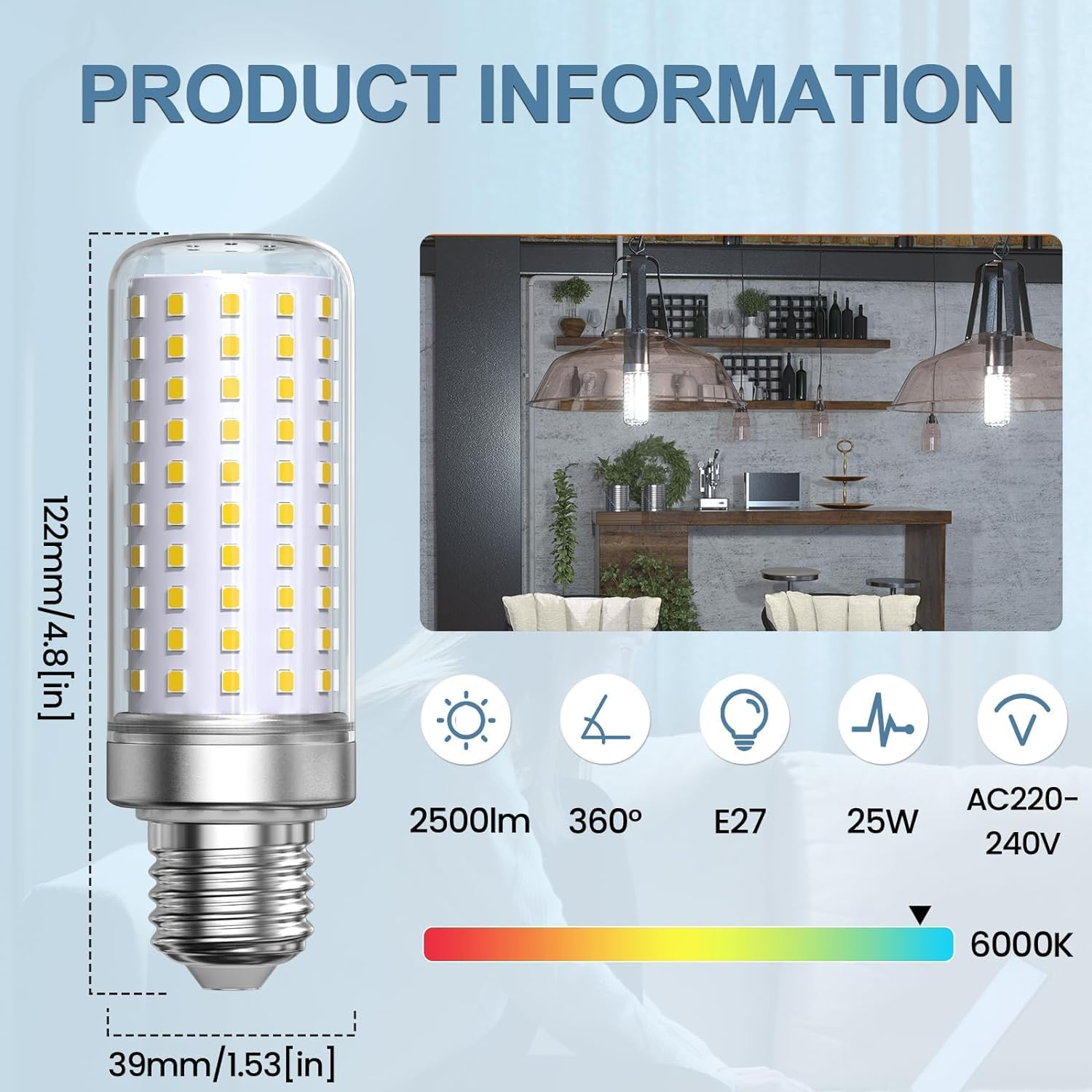 Lamptobe E27 LED Bulb Corn, E27 Edison Screw Bulb, Cool White 6000K, 25W Equivalent 200W Halogen Bulbs, 2500LM, Corn Light Bulbs for Home, Warehouse, Garden Lighting (Non-Dimmable, 3-Pack) image number 5