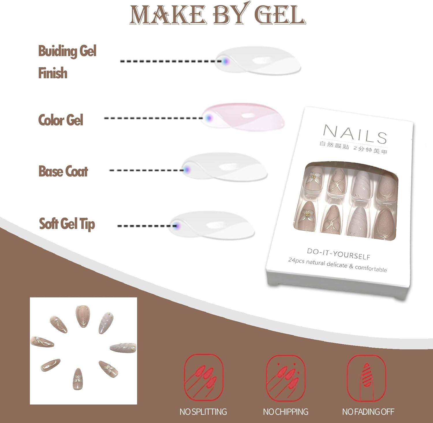 LYMCY Press on Nails, 3D Gilded Outline Flowers, Pearls, Bow, and Pearlescent Waves Fake Nails, Artificial Nails for Women and Girls -24 Pcs image number 4