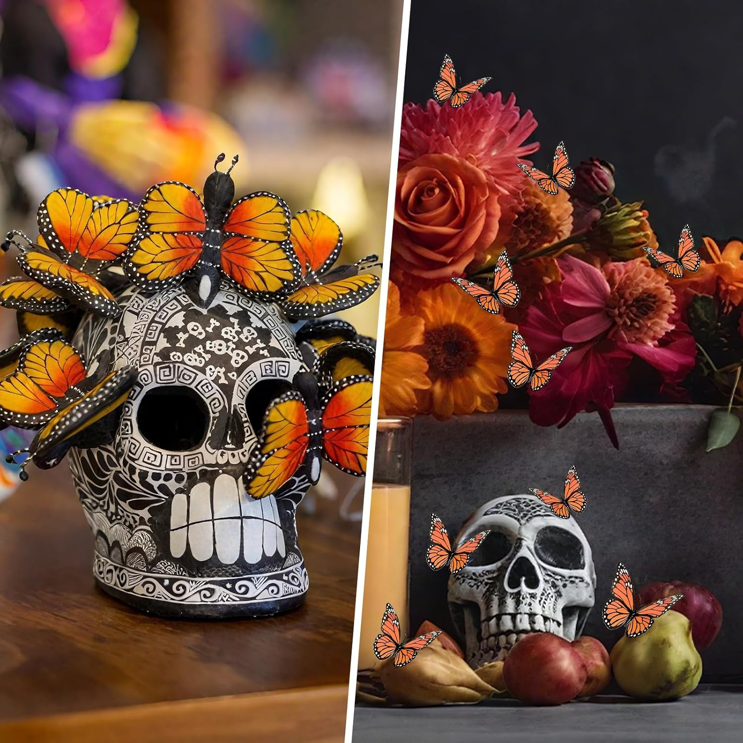 36 Pcs Monarch Butterfly Decoration，5 Size Artificial Fake Butterflies for Dia De Los Muertos Decorations，Day of the Dead Decorations，Ofrenda Decoration for Fall Autumn，Halloween，Party，Wall Decor image number 1