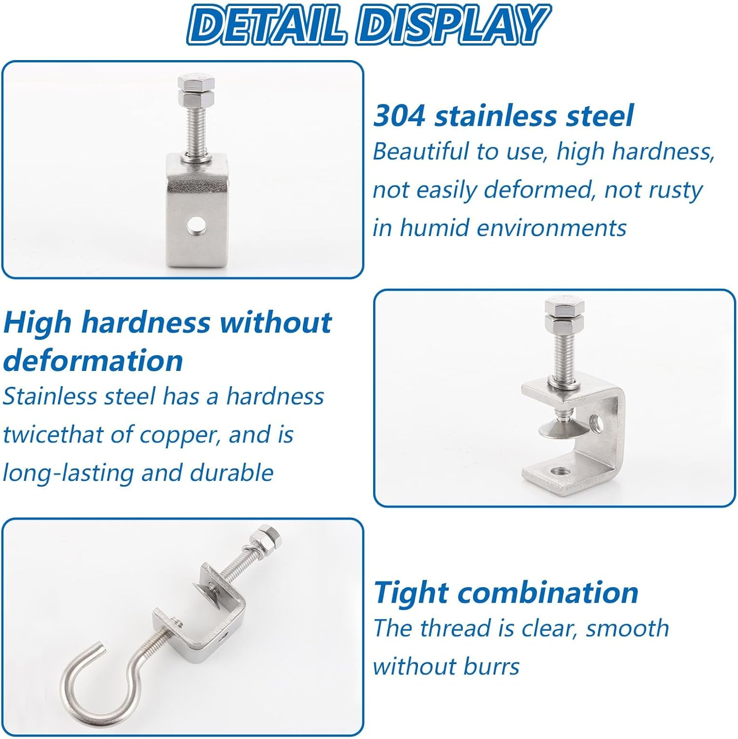 LDHHYH Pack of 4 Stainless Steel C-Clamps with Stainless Steel Hooks and Eye Bolts, C Clamp 30 Mm Clamping Range 0-25 Mm Screw Clamps, Jaw Openings for Woodwork, Welding, Carpentry image number 5