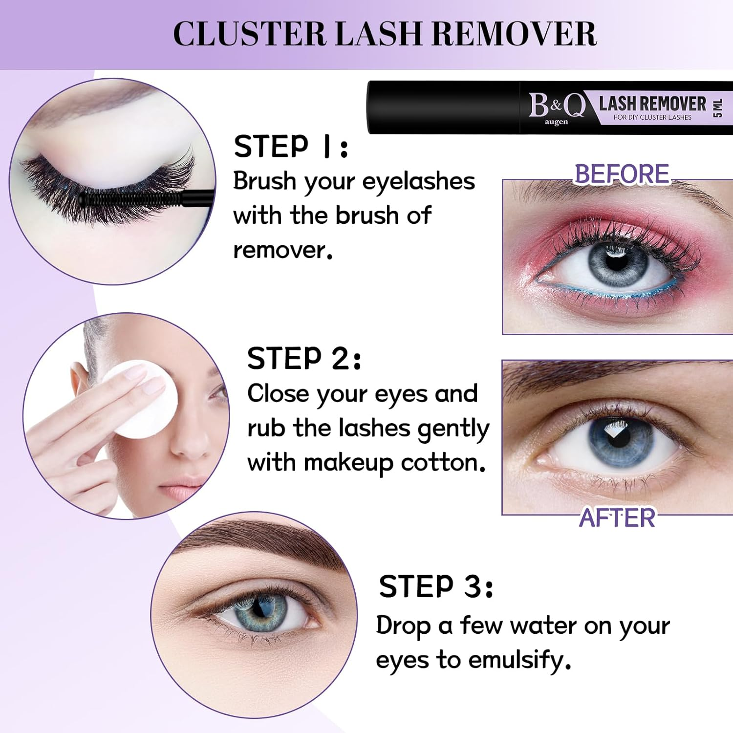 B&Q Lash Glue Bond and Seal and Remover Kit Waterproof 5ML*3PCS Eyelash Glue Lash Remover Black Strong Hold Effective 48H, Latex-Free, Beginner Friendly（3Pcs-Black） image number 5