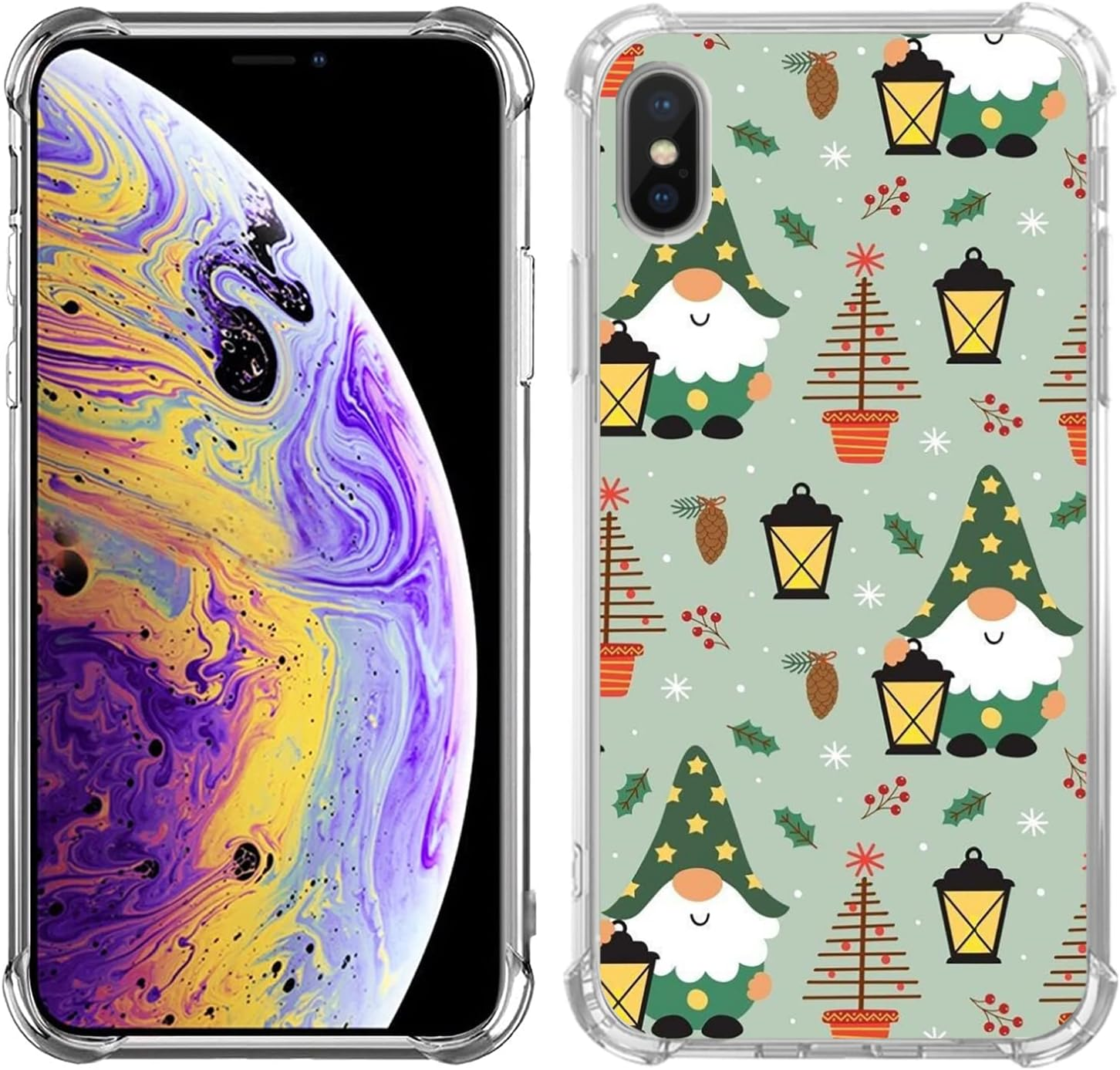 Retro Green Vintage Christmas Gnomes Case for Iphone Xs Max, Cute Cartoon Christmas Trees Snowflake Elements Pattern Case for Girls Boys Women Men, Trendy TPU Bumper Cover Case for Iphone Xs Max