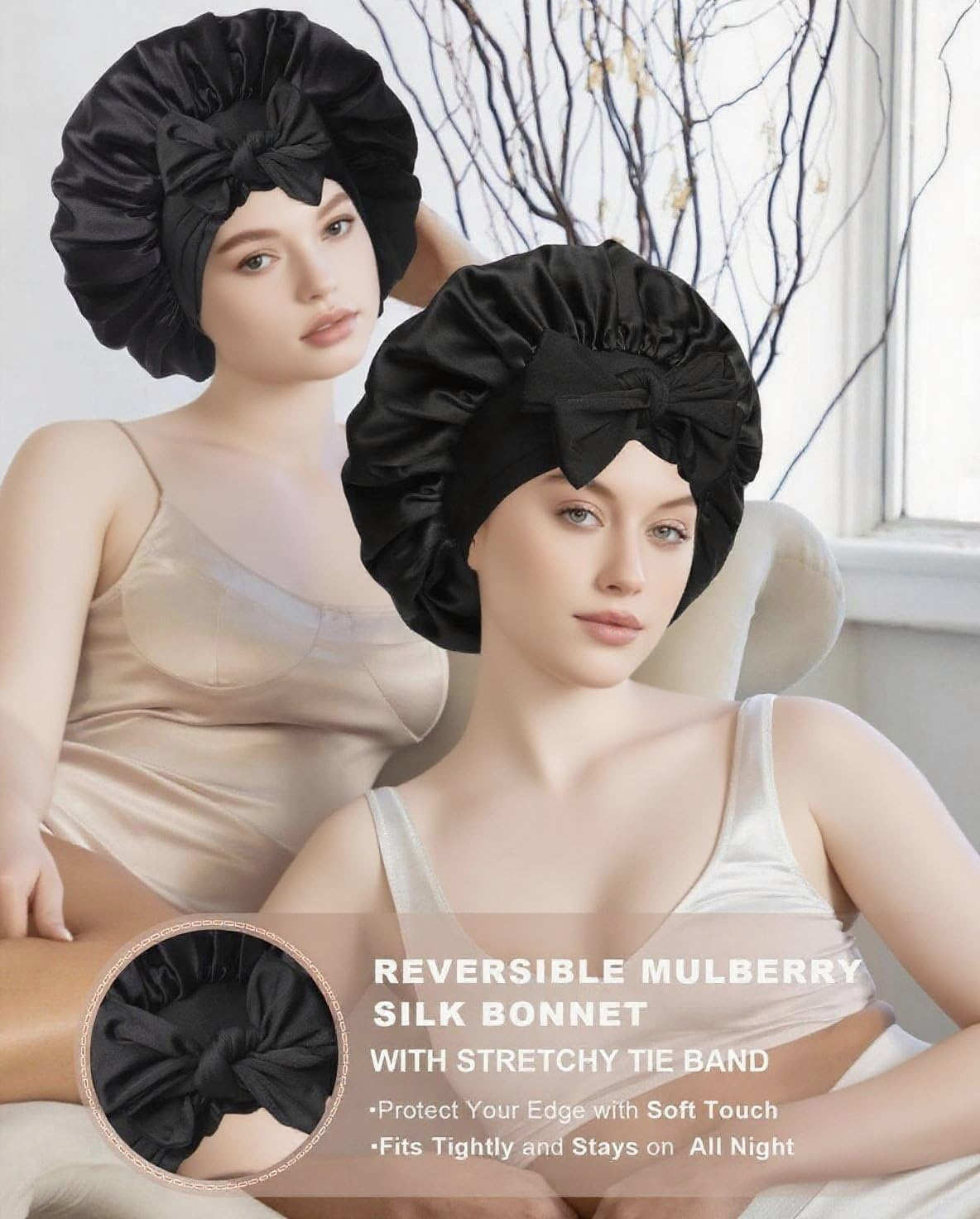 100% Silk Bonnet for Sleeping, Double Layer 22 Momme Mulberry Silk Hair Bonnets, Silky Wrap with Soft Tie Band Sleep Caps for Women (Black) image number 4