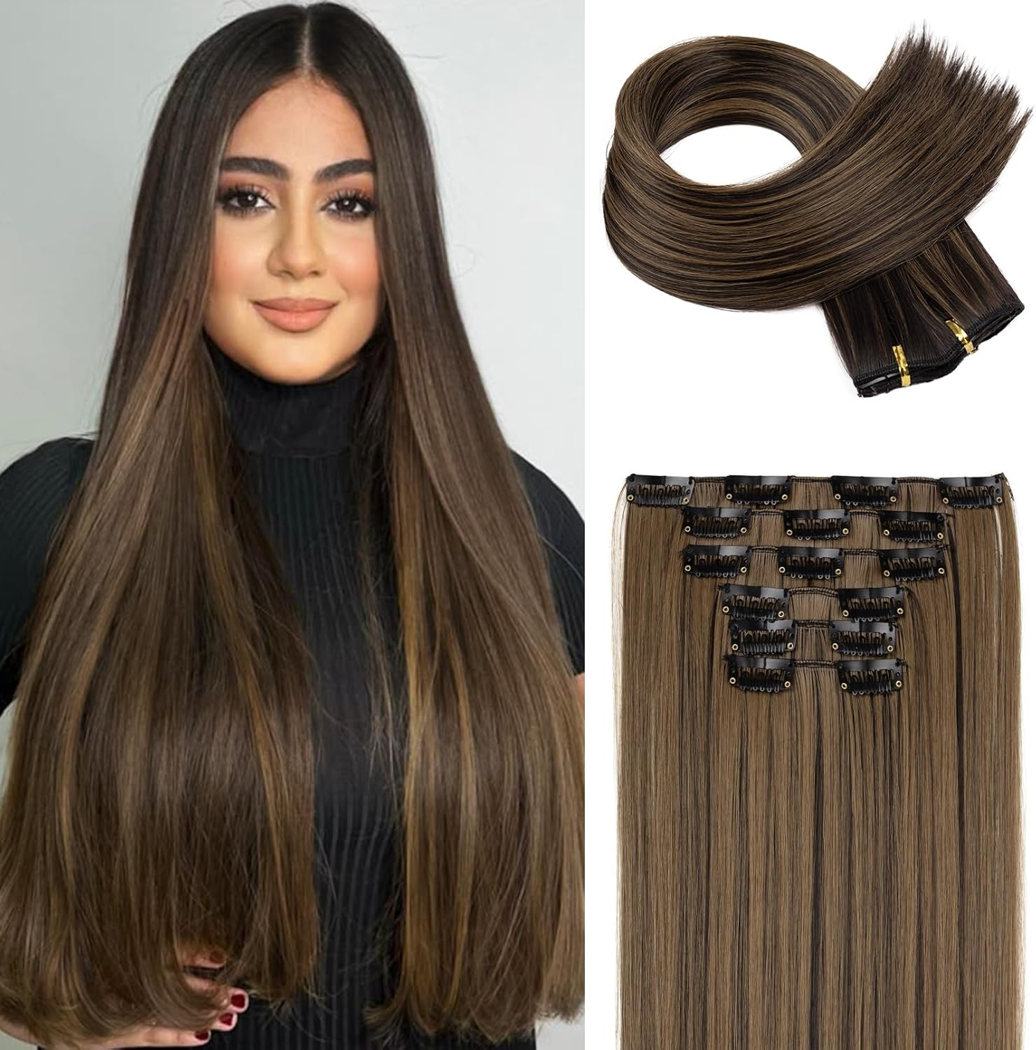 FLUFYMOOZ 6PC Clip in Hair Extensions 24" Straight Long Extensions for Women Synthetic Hairpiece (Ash Blonde)