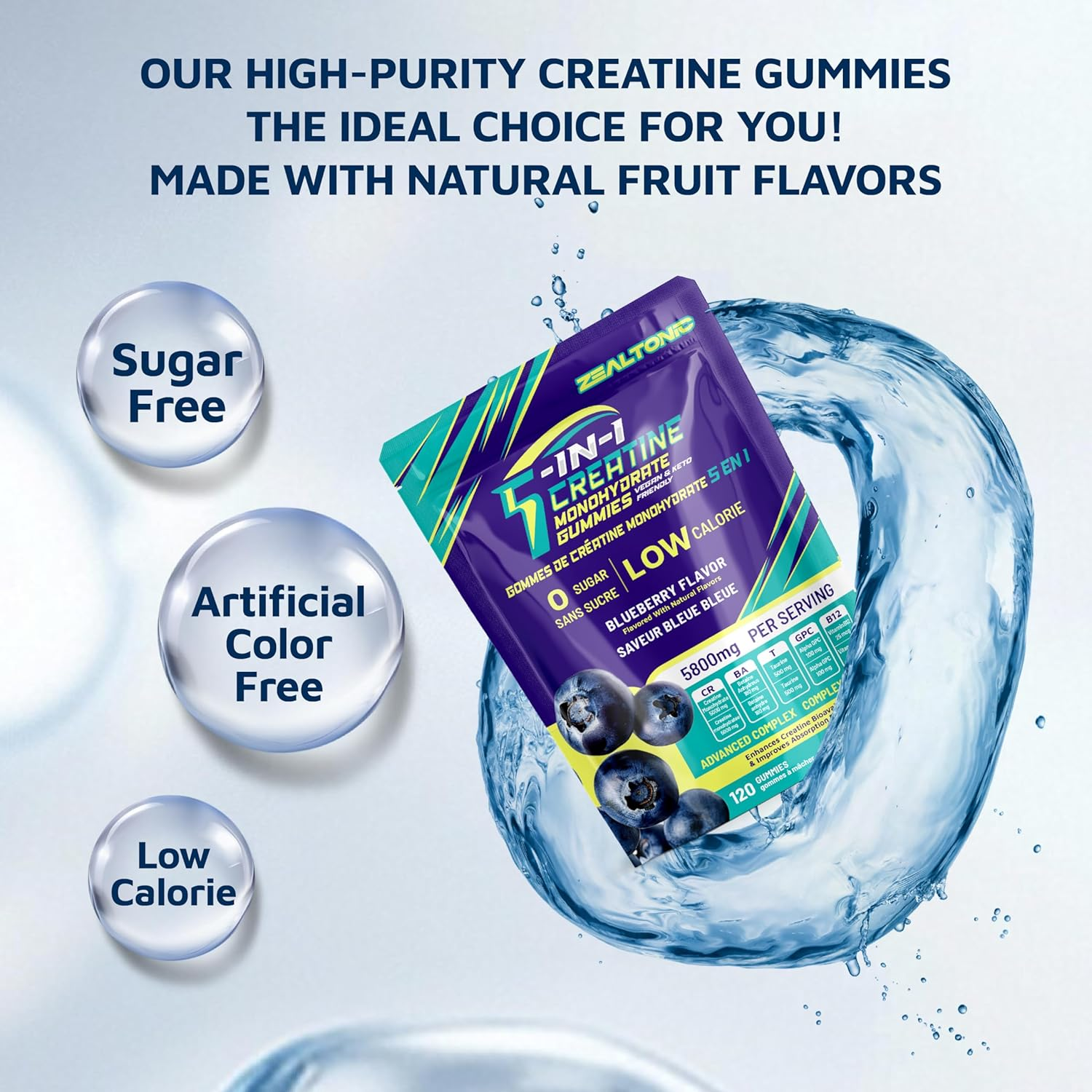 Creatine Monohydrate Gummies 5800Mg with Betaine & Alpha GPC | 0 Sugar | Pre Workout Energy Booster for Men & Women | Muscle Growth & Boost Strength & Faster Recovery | Pineaple Flavor(120 Count, Blueberry) image number 1