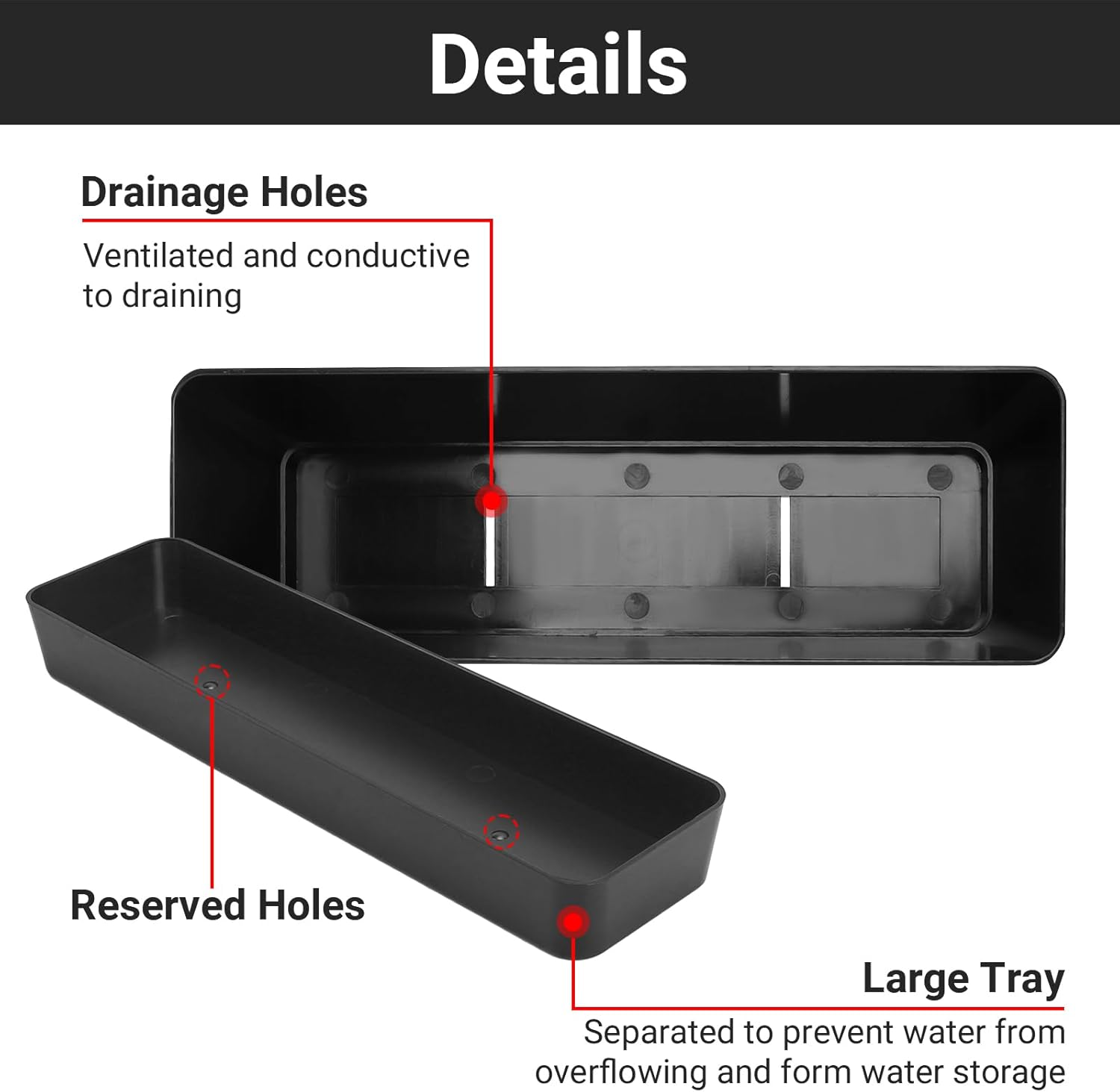 Black Rectangle Window Boxes, Greaner 3 Pack 12X3.8 Inch Herb Planters with Tray, Indoor Succulent Cactus Mint Plastic Pot for Windowsill, Garden Balcony, Office Outdoor Decoration image number 3