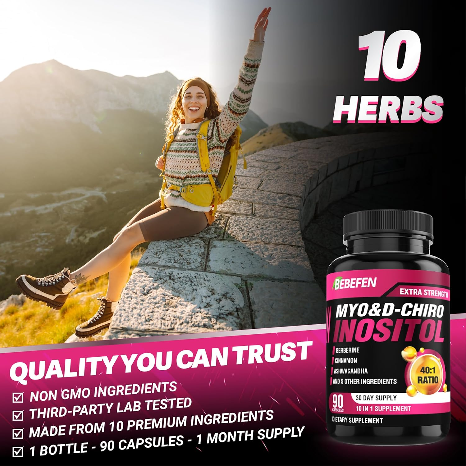 BEBEFEN Inositol Supplement - Myo-Inositol and D-Chiro Inositol Ideal 40:1 Ratio - plus Berberine, Cinnamon, Ashwagandha + 5 More - 90 Capsules image number 4