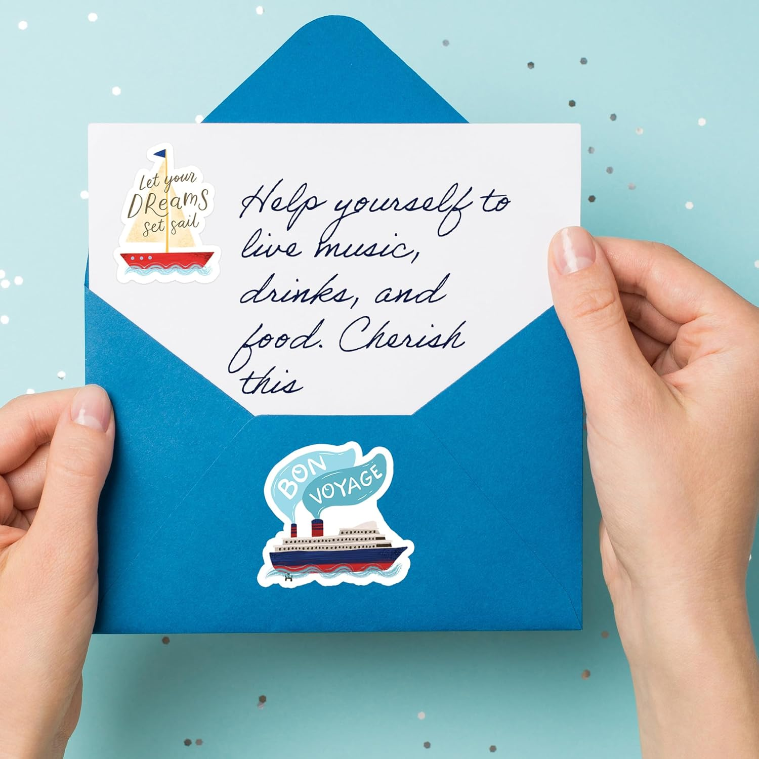 Navy Peony Relaxing Cruise Travel Stickers (30Pcs) - Watercolor, Waterproof Cruise Ship Decals for Journals, Scrapbooks, Water Bottle, Suitcase image number 4