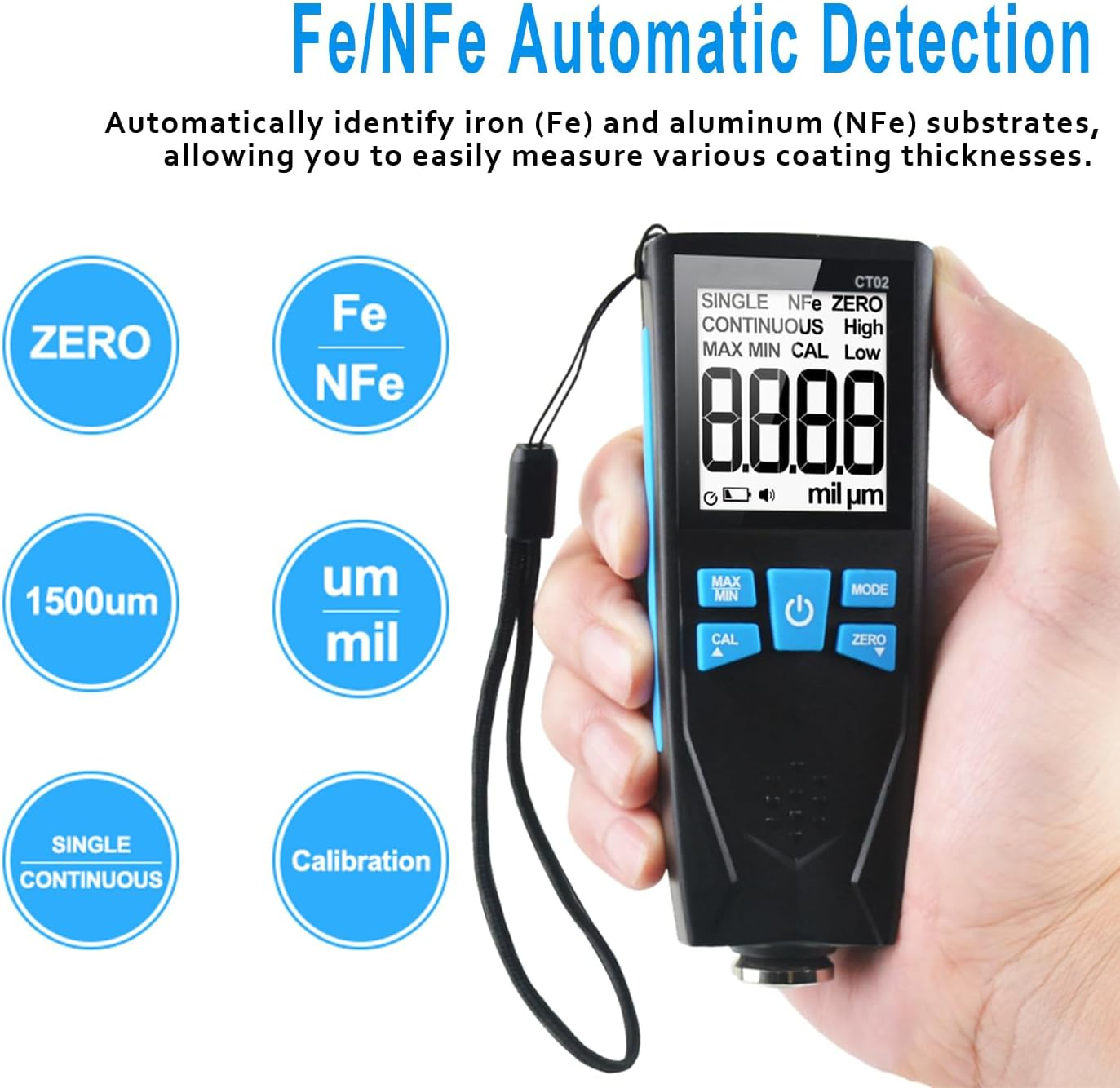 Car Paint Thickness Gauge, Automotive Coating Thickness Gauge Tester, Paint Mil Thickness Meter with Backlit LCD, Auto Digital Calibration, Data Hold, MAX/MIN, Fe/Nfe Automatic Detection, 0~1500Um image number 4