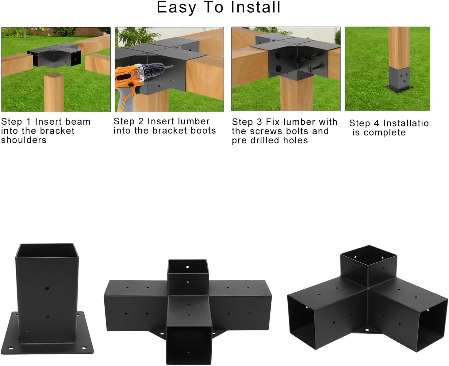 Pergola Brackets, Heavy Duty Pergola Kit with Black Powder Coated, Right Angle Corner Bracket with Screws, Wooden Beams for Gazebos, Patio Pergolas, Log Cabin (3.6In X 3.6In) (4 image number 1