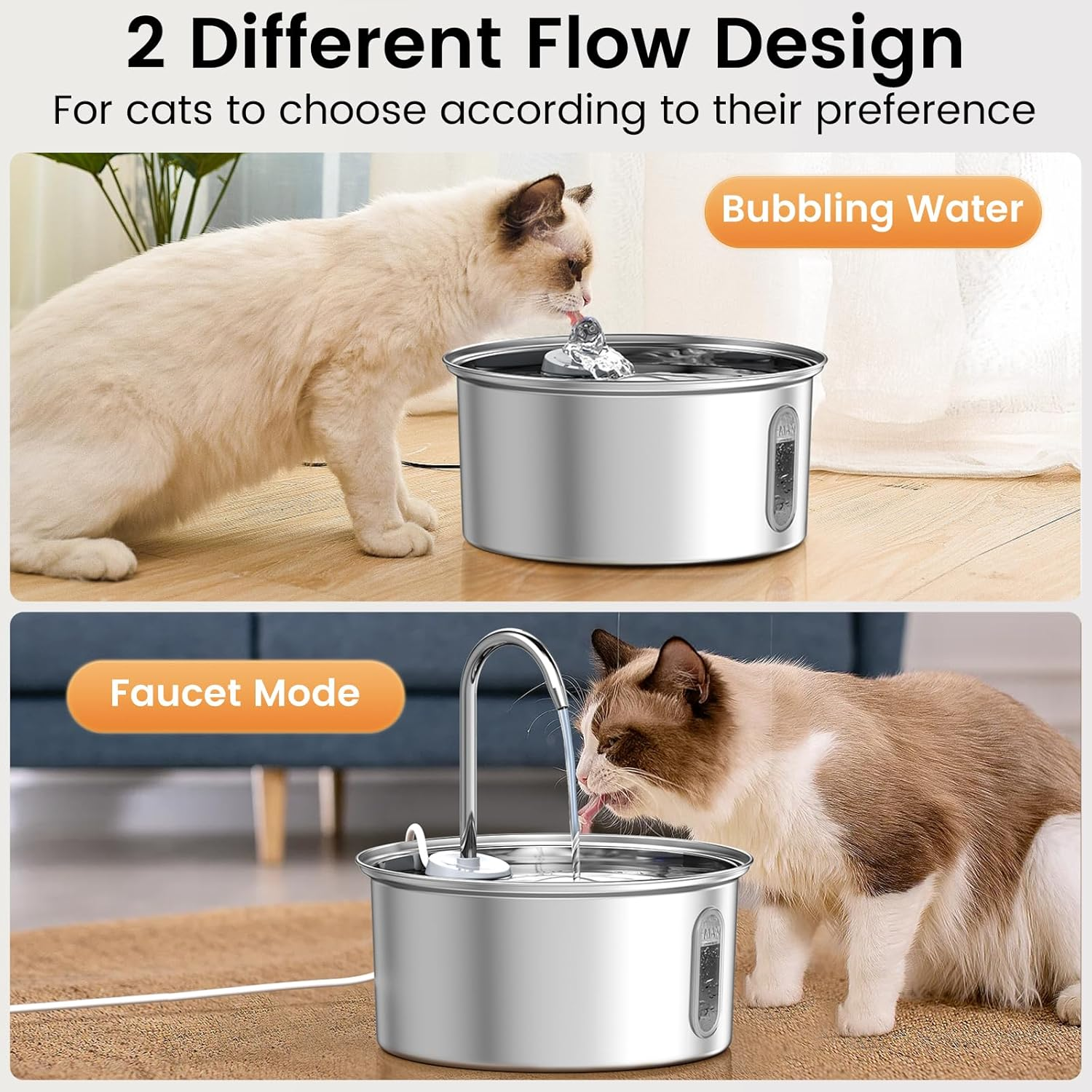Pet Water Fountain Stainless Steel, 108Oz/3.2L Cat Fountain with Faucet Design, 6-Stage Filtration, Bpa-Free Ultra-Quiet Cat Water Fountain for Cats and Small Dogs image number 2