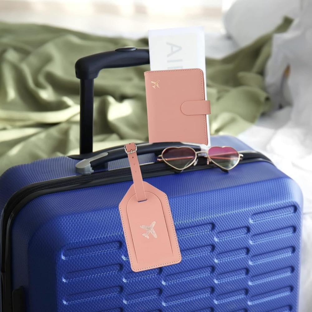 Passport Holder with Leather Luggage Tags, Travel Wallet Set, Haves Accessories Passport Book Holders for Women and Men (Pink) - Blue image number 2