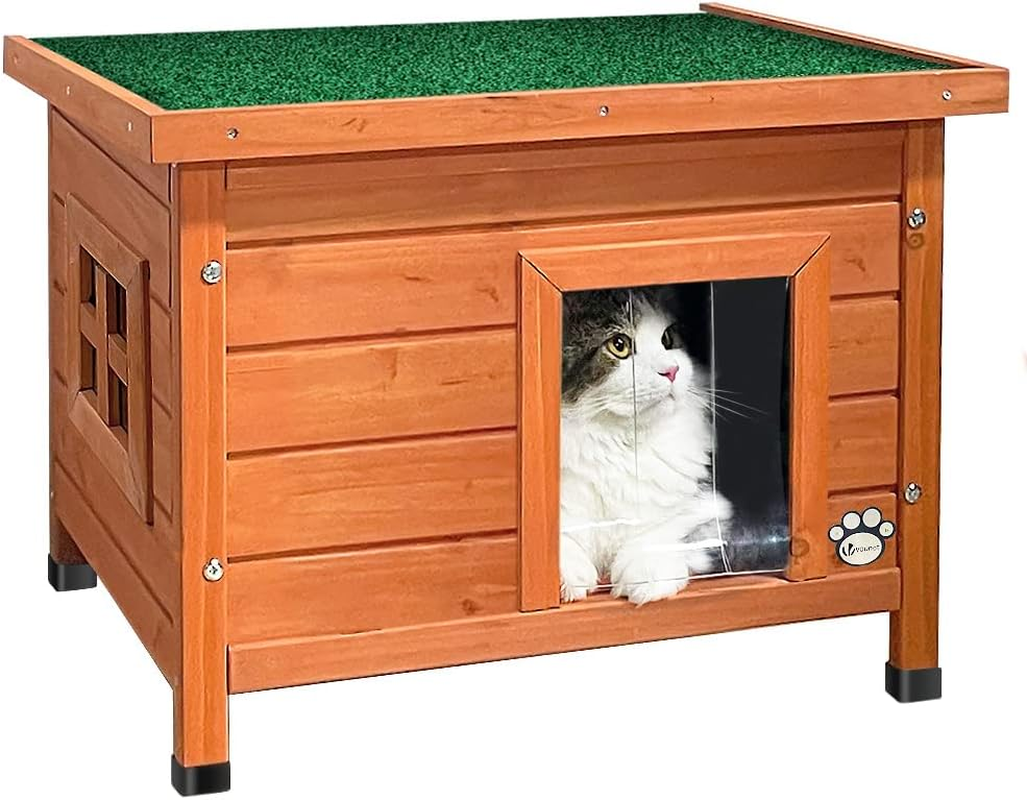VOUNOT Cat House Outdoor with Kennel Door Privacy Window Cat Wooden Shelter 57X45X43Cm, Grey