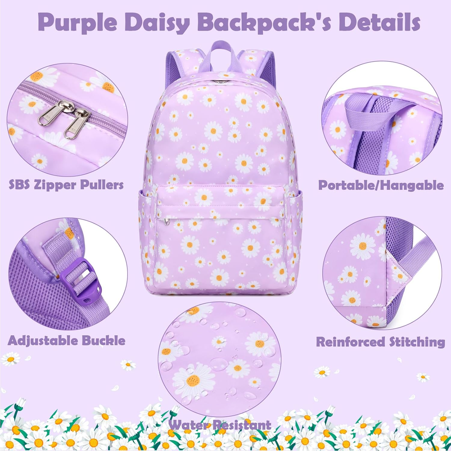 School Backpack for Girls, Lightweight Girls School Bookbag for Preschool Kindergarten Elementary School - Daisy Black image number 7