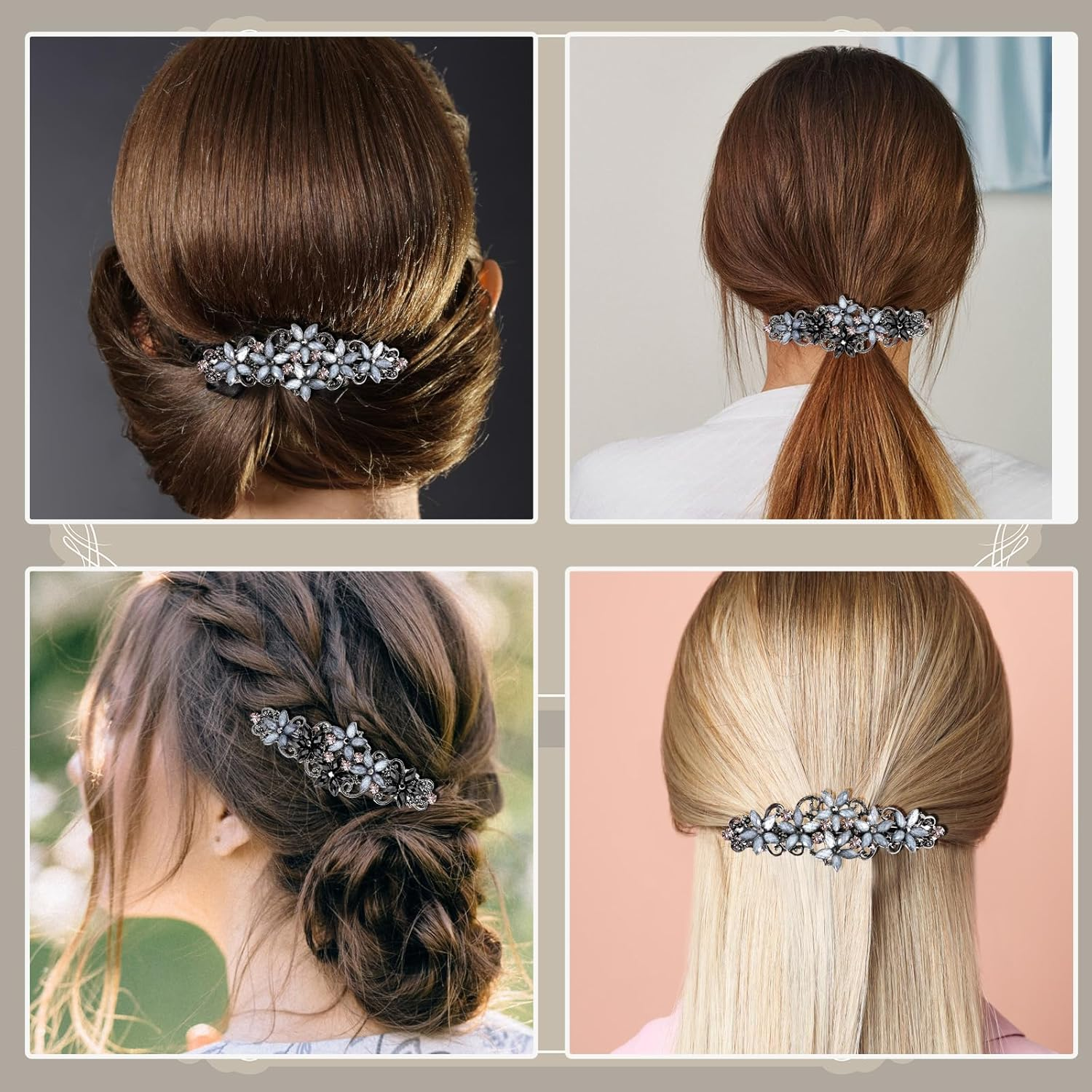 Teaaha Pack of 2 Elegant Hair Clips Women Girls Hair Clip with Crystal Flower Clip Glitter Exquisite Hair Accessories French Style Vintage Hair Accessories (Pink and Blue/Black and Blue) image number 4