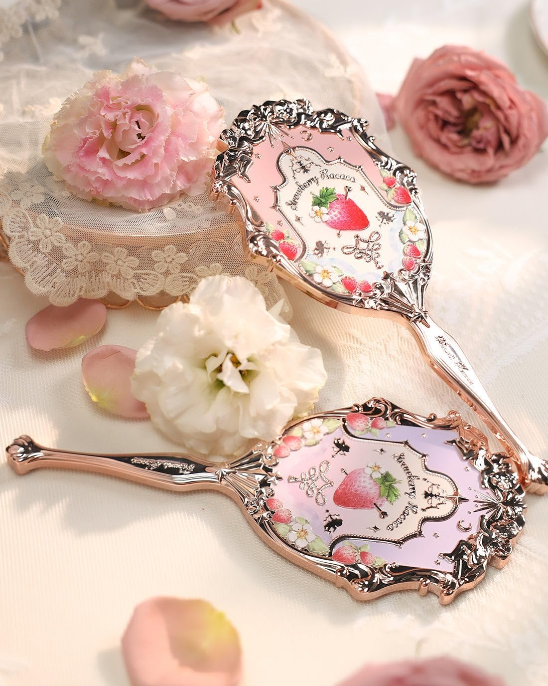 Flower Knows Strawberry Rococo Handheld Mirror, Soft Pink, Gold Frame, 8.6L X 3.9W Inches, Tabletop Mount, Aesthetic Princess Mirror, Perfect for Touch-Ups and Travel image number 6