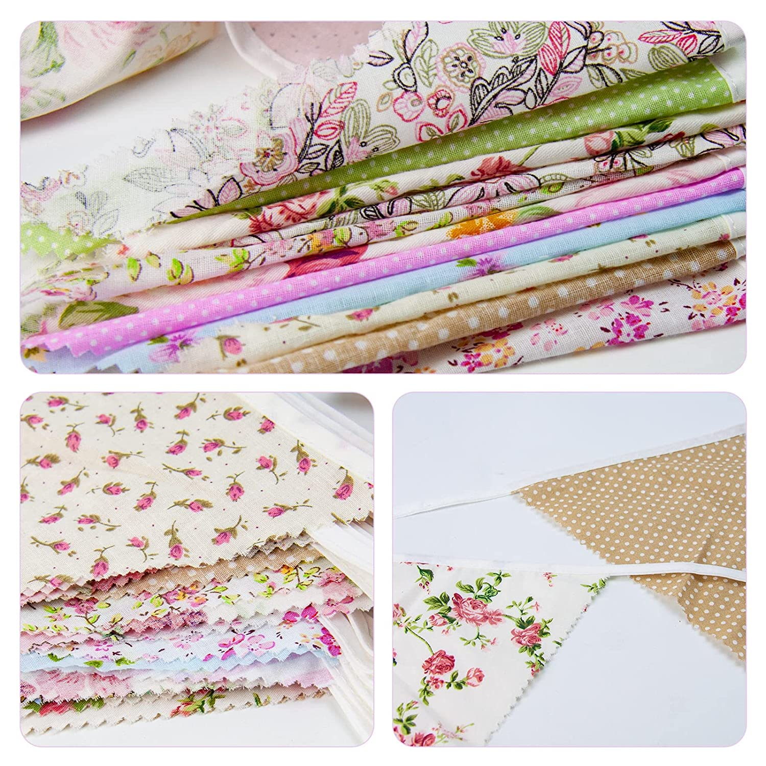ZCOINS 40Ft/12M Fabric Bunting Banners, 42PCS Floral Vintage Triangle Flags Reusable Cotton Cloth Pennants for Garden Wedding Birthday Party Outdoor Hanging Decoration image number 1