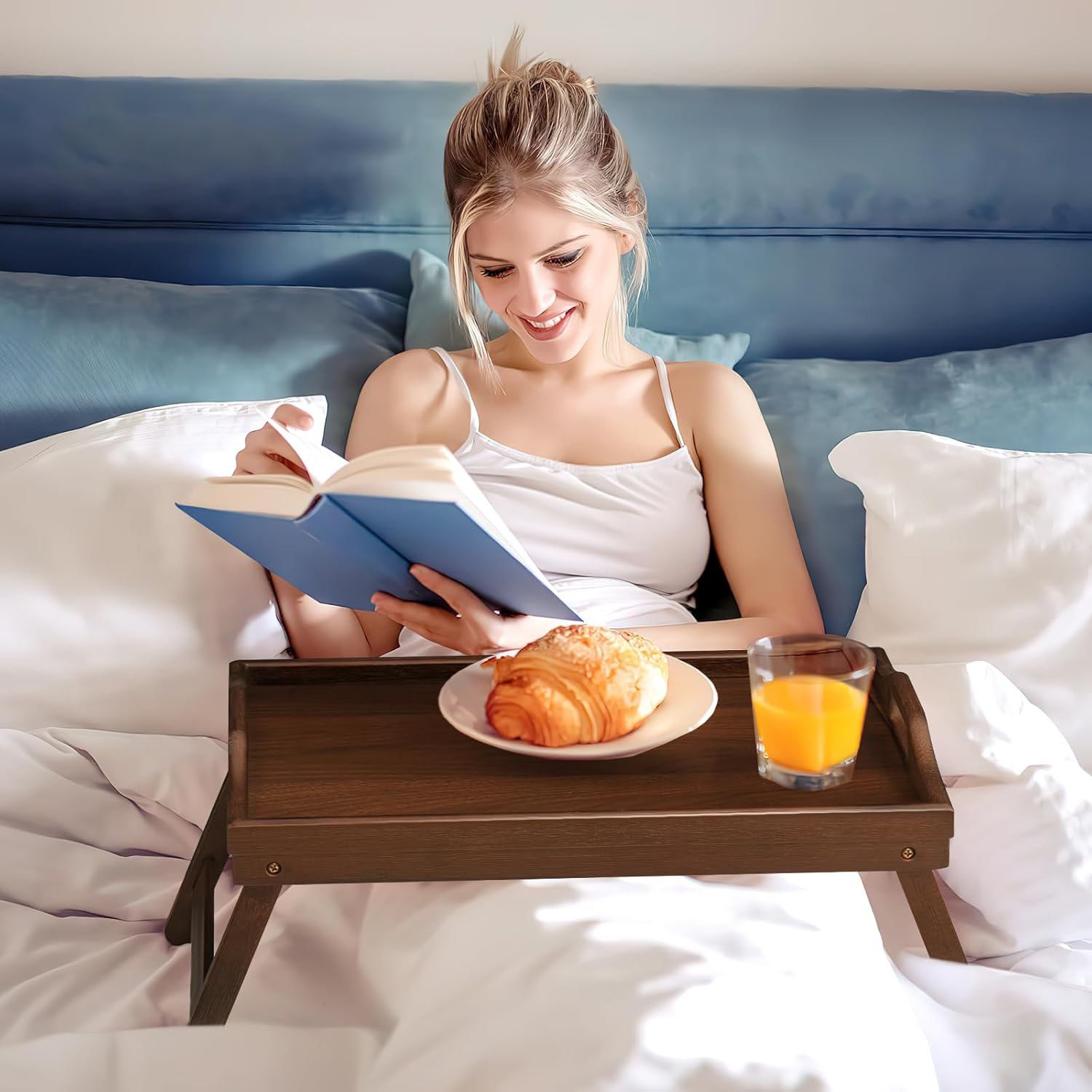 2 Pack Bed Tray Table Breakfast Trays Serving Tray Bamboo Bed Laptap with Floding Legs Handles and Phone Holders - Walnut 2 Pack image number 2