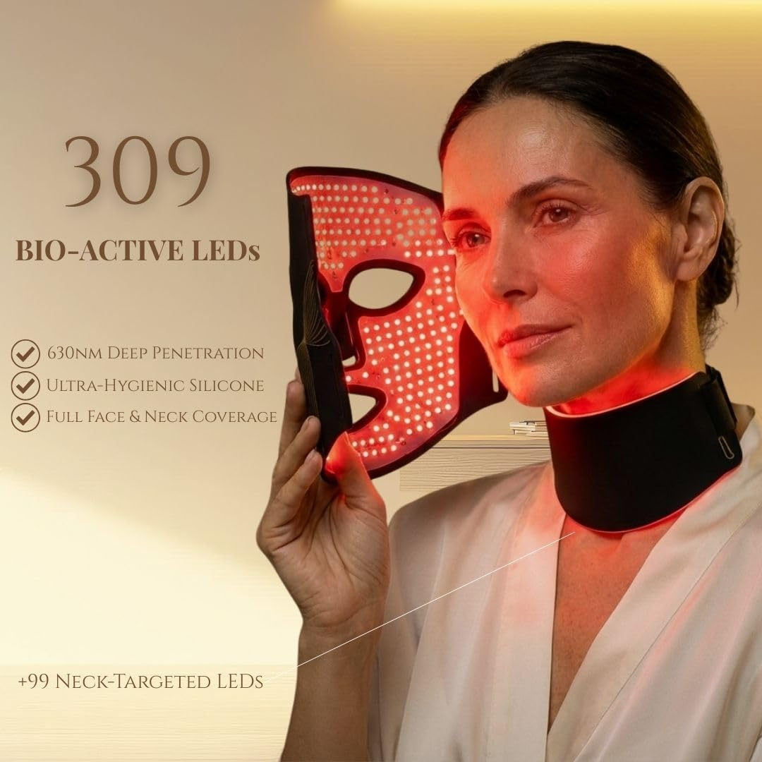 HUER LED Light Therapy Mask Face and Neck - Professional Red Light Therapy Device for Anti-Aging, Wrinkles & Pigmentation - Clinical Grade 309 Leds Face Mask for Glowing Skin & Sun Damage Repair image number 1