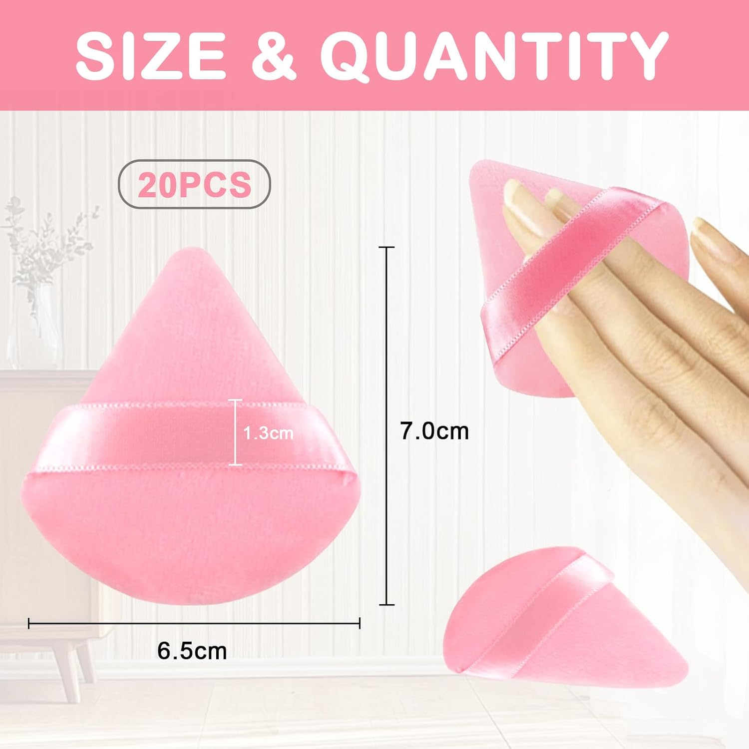 Tehttz 20Pcs Triangle Powder Puff, Makeup Sponges for Loose Powder and Body Powder Face Sponge with Strap, Face Makeup Puff Beauty Makeup Tools (Pink) image number 1
