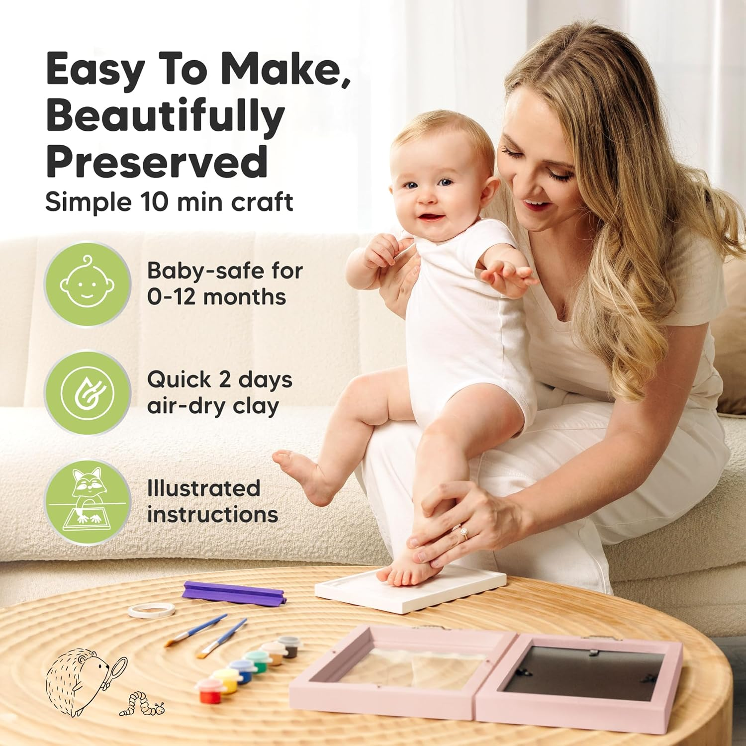 Personalized Baby Hand and Footprint Kit - Quick Dry Clay Foot and Handprint Kit, Newborn Nursery Picture Frame, New Mom Gifts for Baby Showers & Registry (Petal Pink) - Petal Pink image number 2