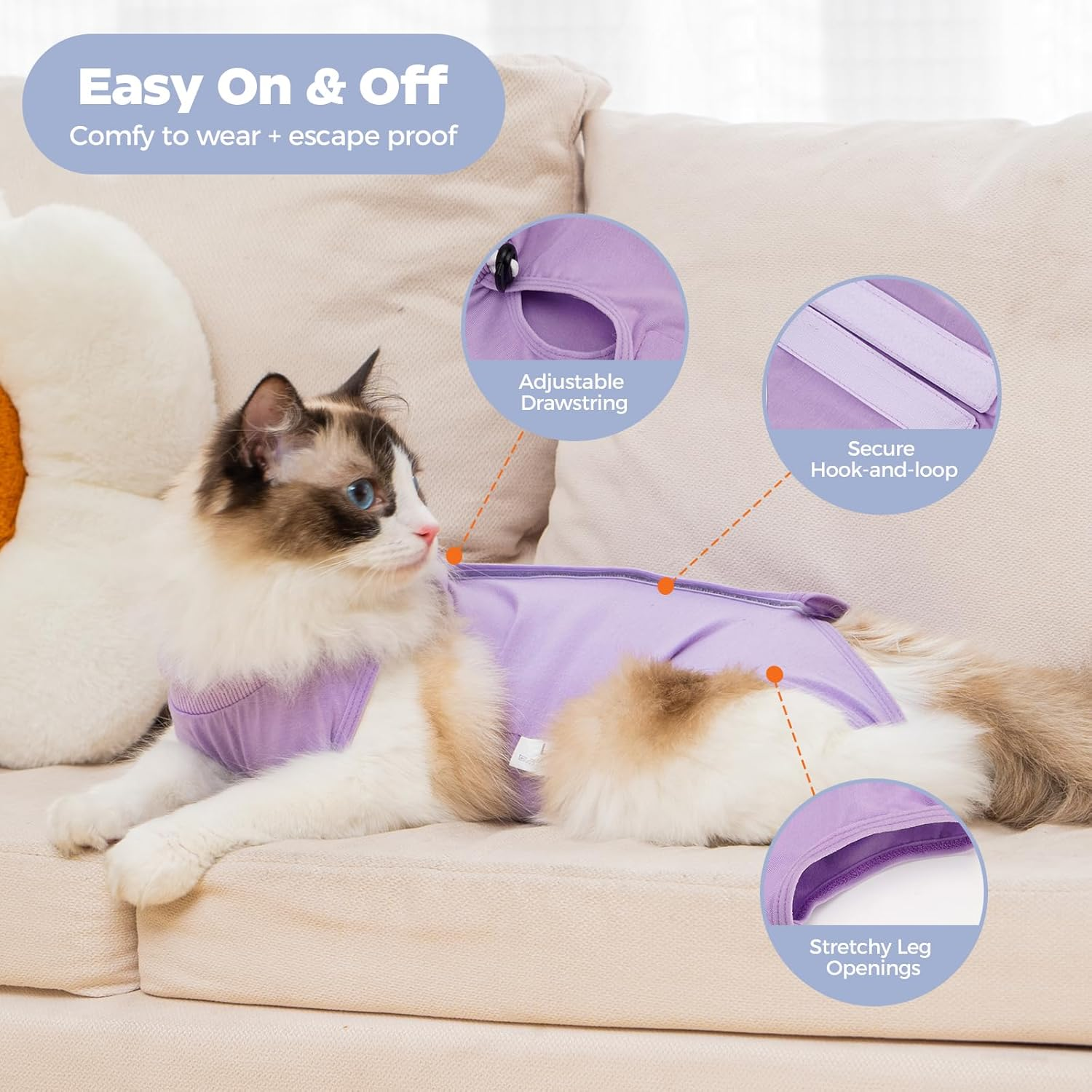 Avont Cat Recovery Suit&ndash;Soft Post-Surgery Onesie, Breathable Cone-Of-Shame Alternative for Spayed Females Cat, Skin Wound Care -Purple(S) image number 4