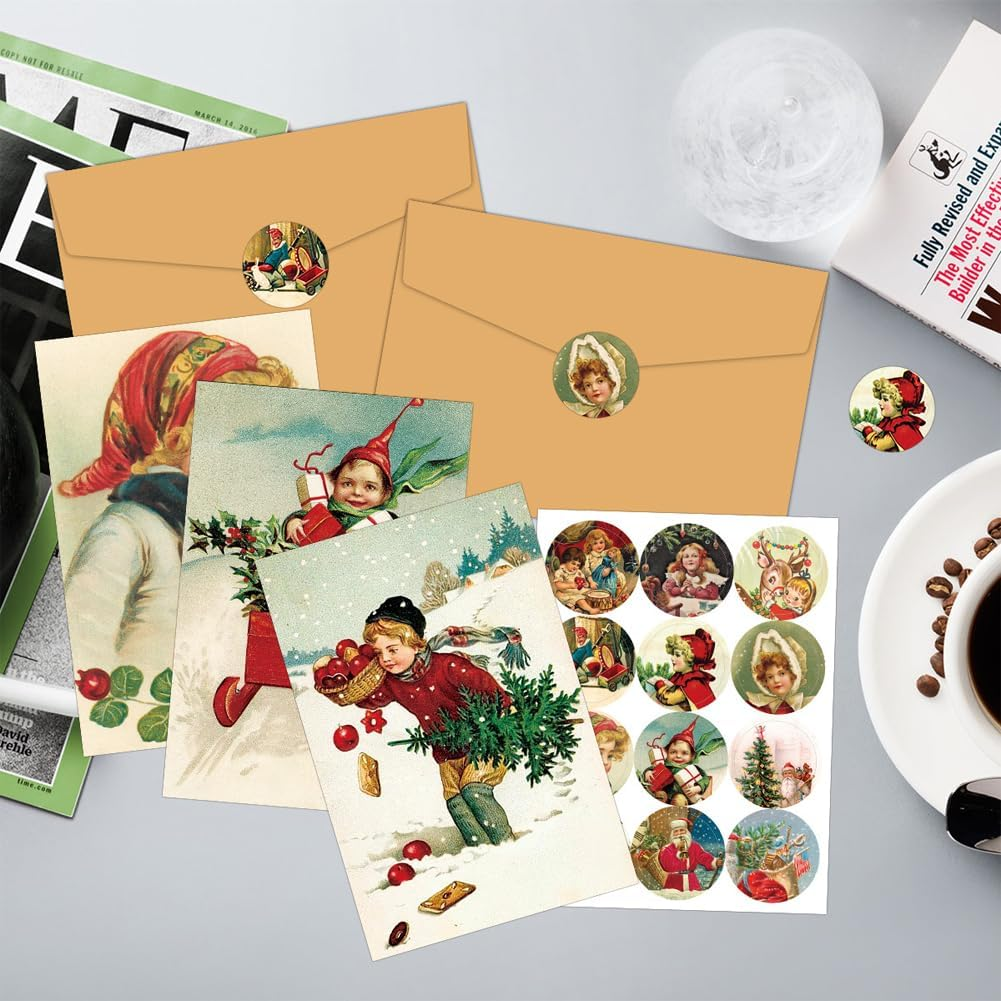 Suithink 12 Pack Vintage Christmas Greeting Cards, Christmas Cards Retro Xmas Greeting Cards with Stickers Envelopes Vintage Blank Note Cards for Christmas Baby Shower Birthday Party Supplies image number 1