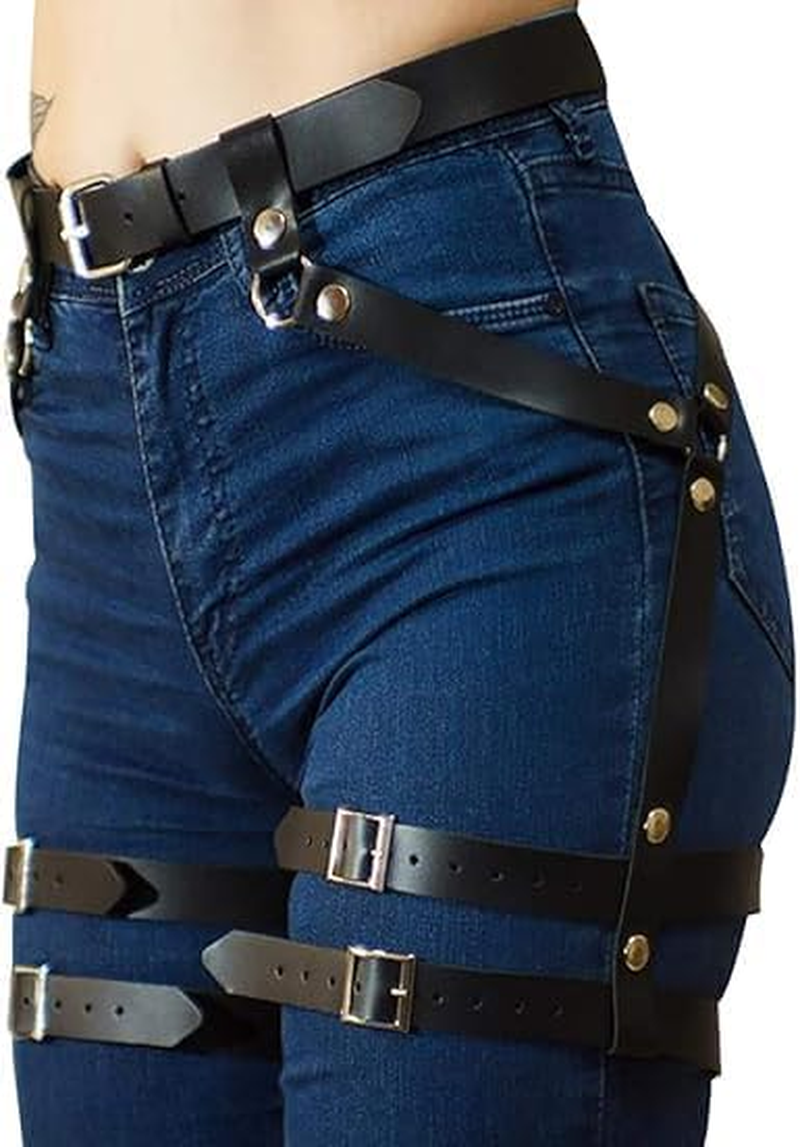 Women&rsquo;S Black Leather Body Chain Harness Garter Belt Adjustable Waist Leg Cincher Cage image number 1