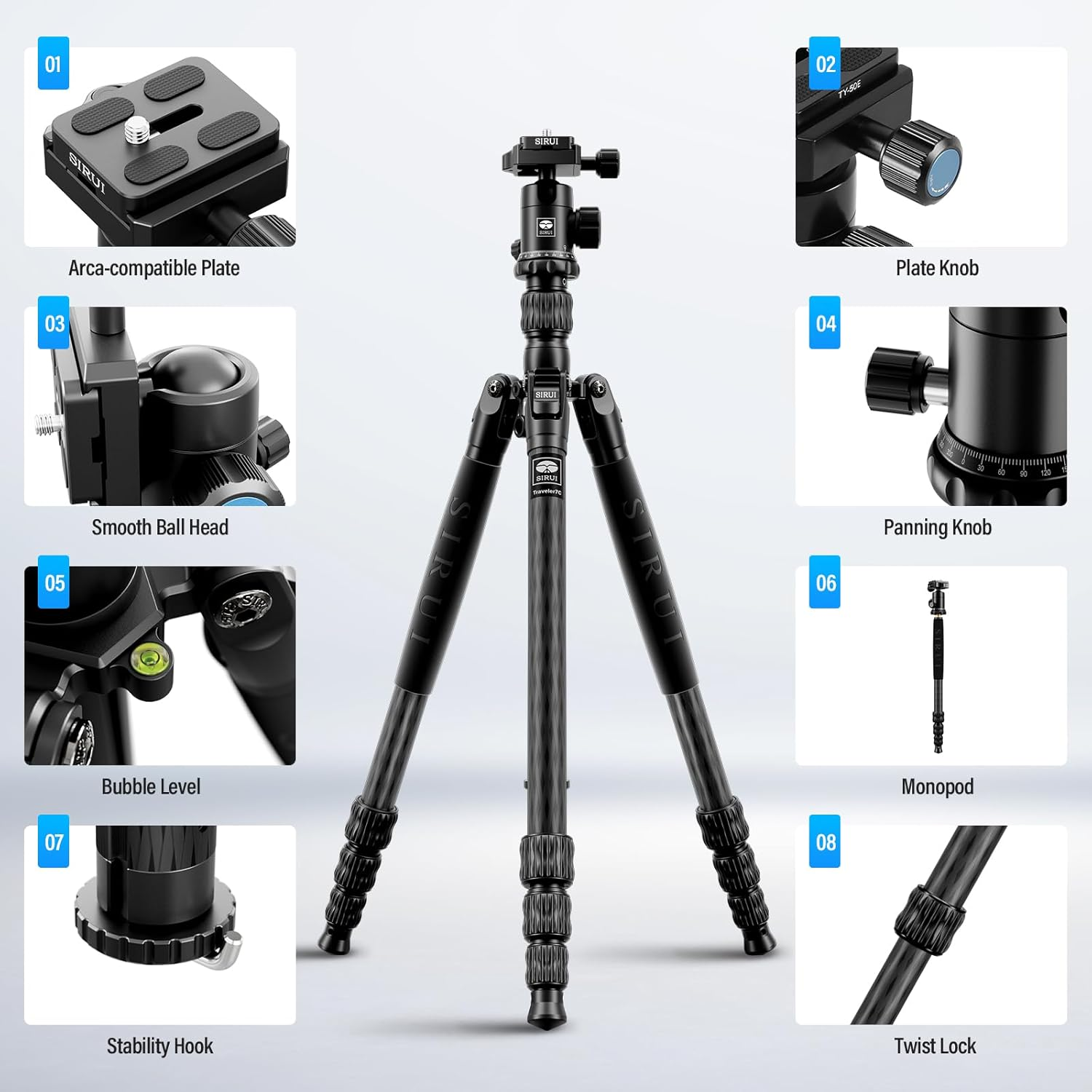 SIRUI Traveler 7C Camera Tripod 65.55 Inches Carbon Fiber Arca Tripod with E-10 360&deg; Panorama Ball Head and Arca Swiss Quick Release Plate Load Capacity up to 17.6Lbs, Convertible to Monopod image number 3