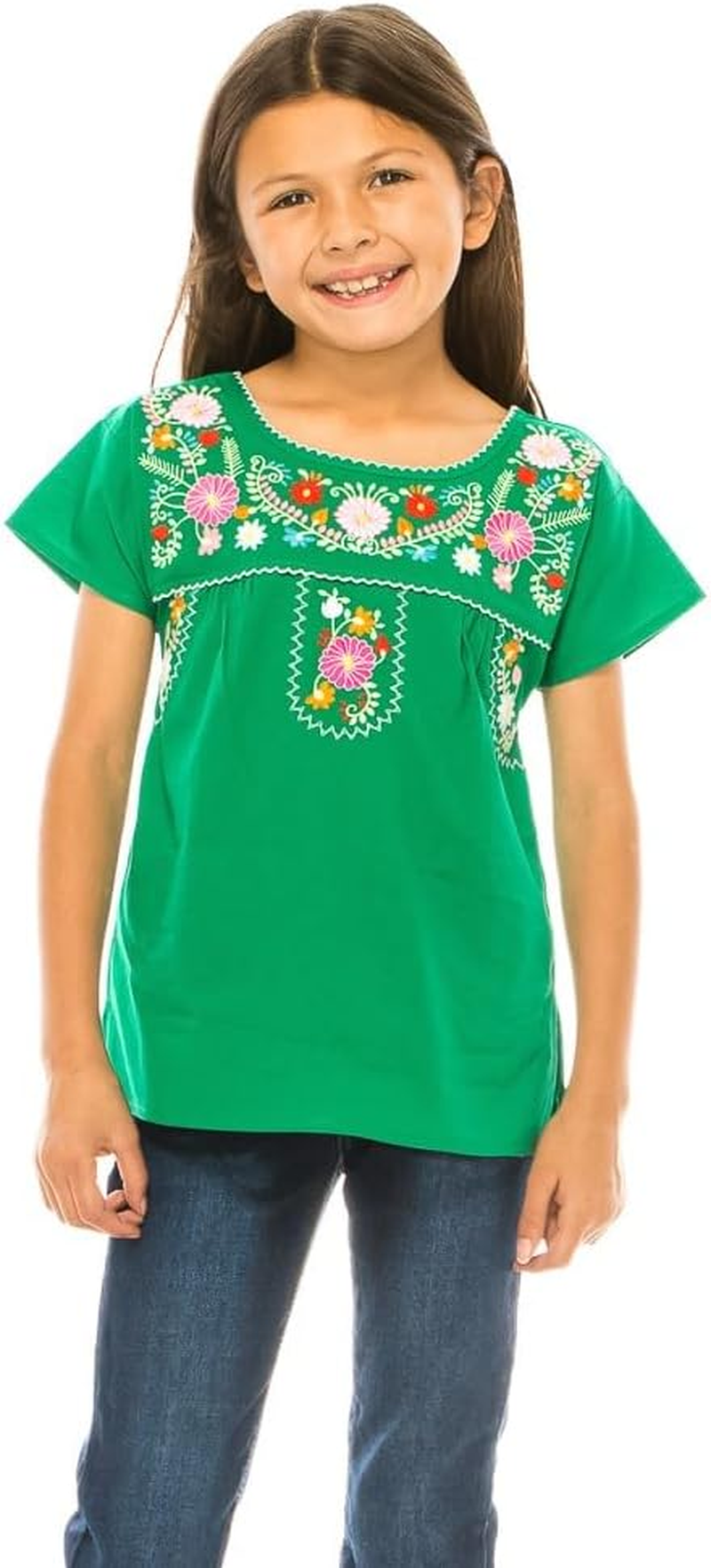 Unik Traditional Puebla Mexican Youth Girl Embroidered Blouse Size 4-14