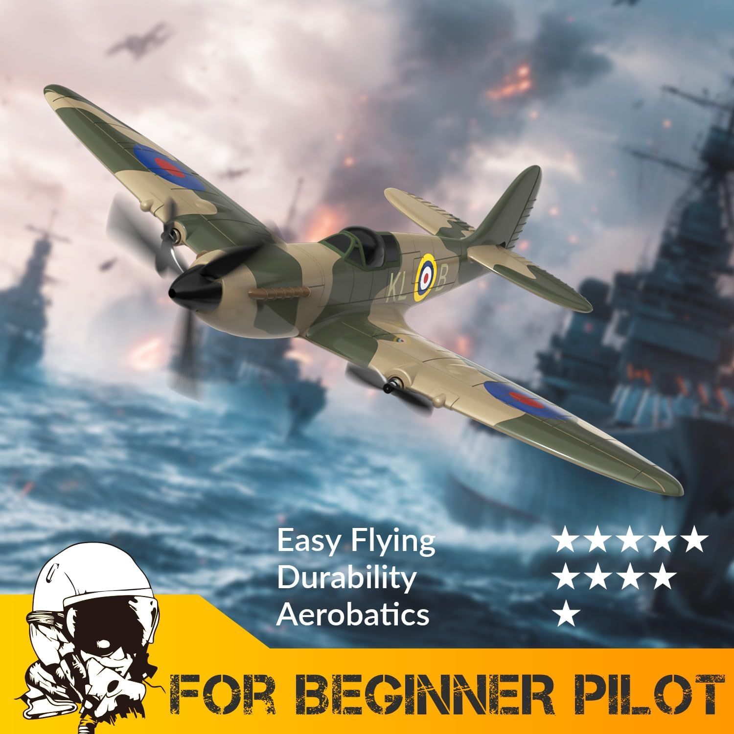 HAWK'S WORK 3 Channel RC Plane Spitfire Fighter, Remote Control Warbird Ready to Fly, 2.4Ghz 6-Axis Gyro Stabilizer, Easy to Fly for Kids & Beginners image number 2