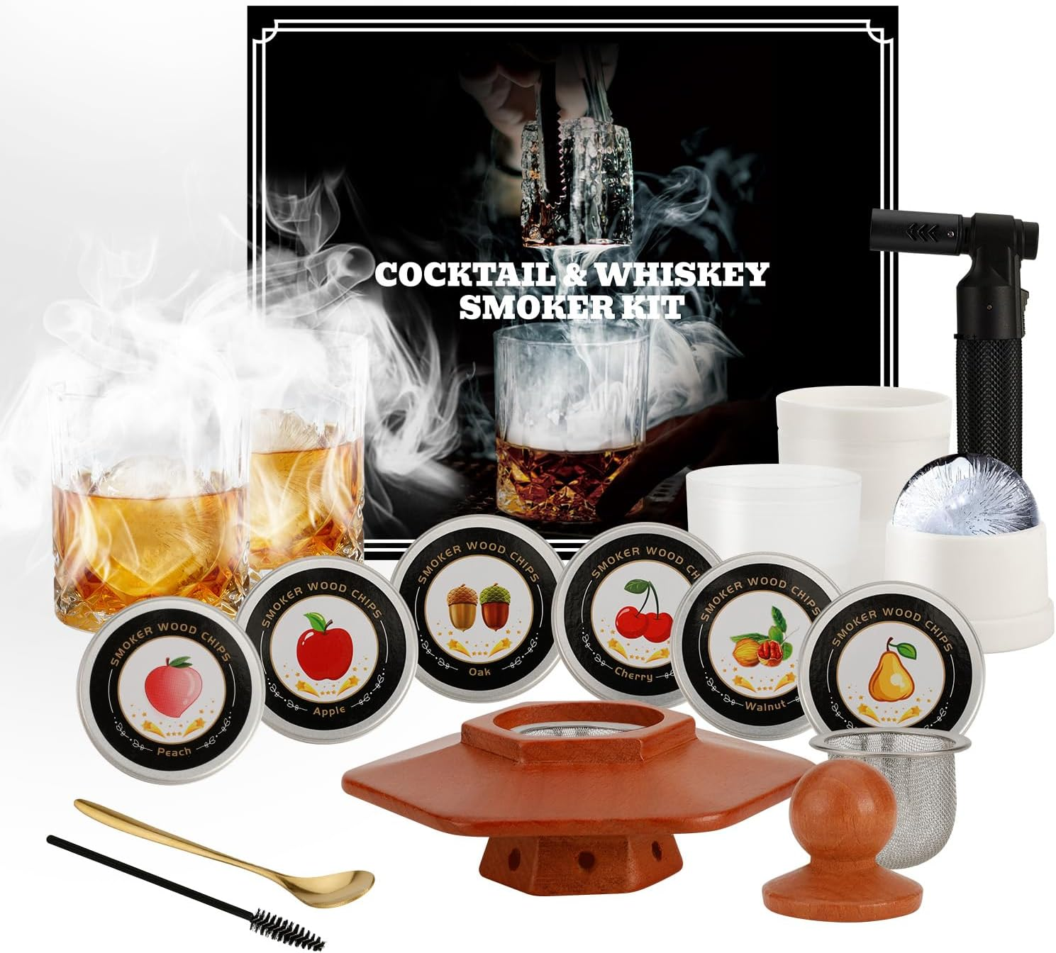 Whiskey Smoker Kit with Torch,Cocktail Kit with 6 Flavors Wood Chips, 2 Glasses, 2 Ice Ball Molds,Smoked Old Fashioned Drink Smoker Kit, Birthday Bourbon Whiskey Gifts for Men image number 5