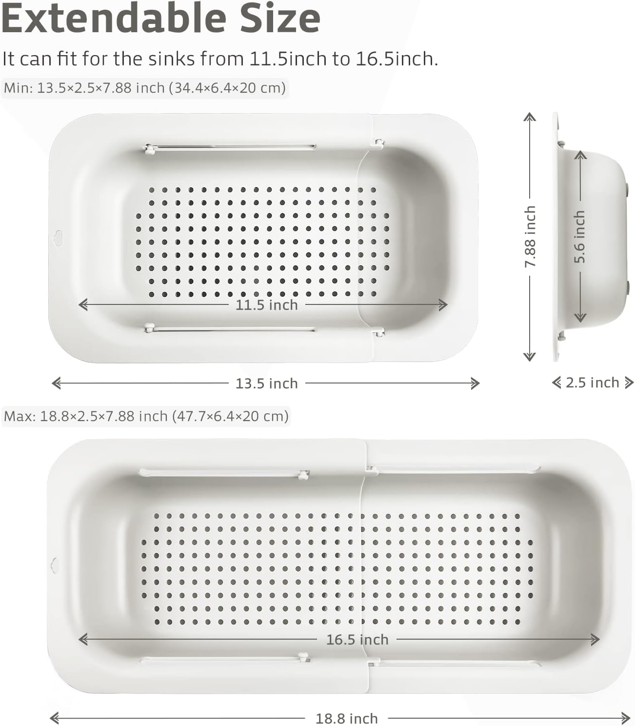 Extendable Colander Strainer over the Sink, Retractable Kitchen Sink Basket to Wash Vegetables and Fruits, Food Strainers to Drain Pasta and Dry Dishes, Plastic Colanders for Sink White Medium